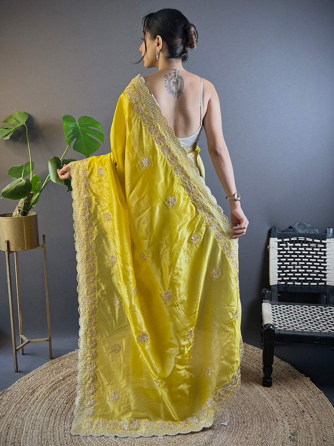 Women's Paper Silk Yellow Embellished Designer Saree With Blouse Piece