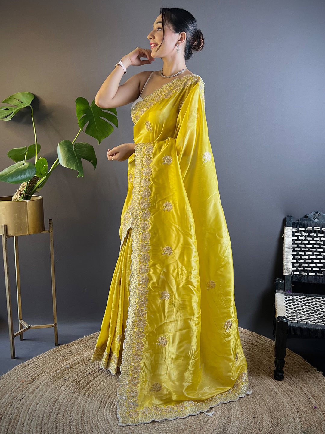 Women's Paper Silk Yellow Embellished Designer Saree With Blouse Piece