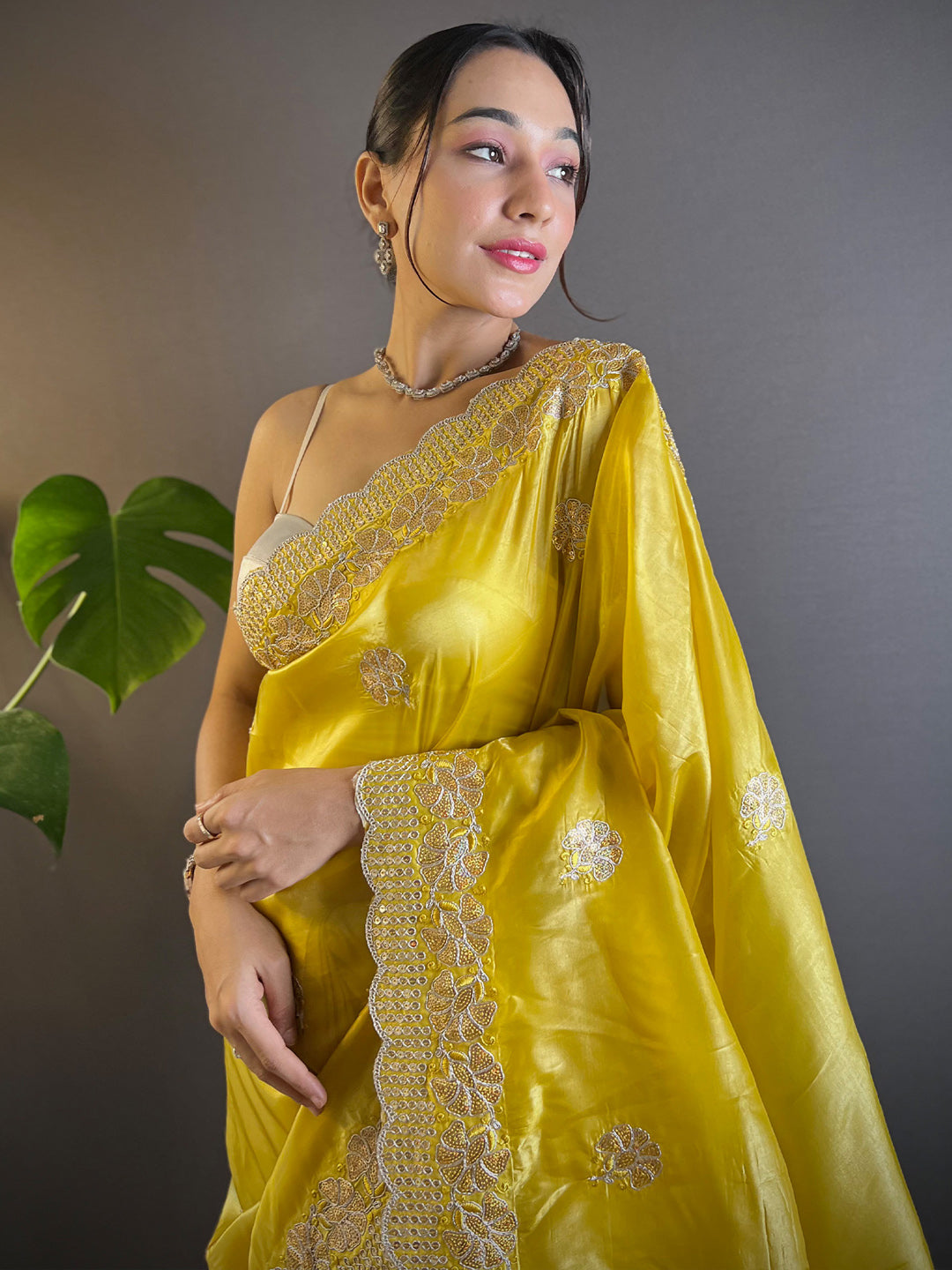 Women's Paper Silk Yellow Embellished Designer Saree With Blouse Piece