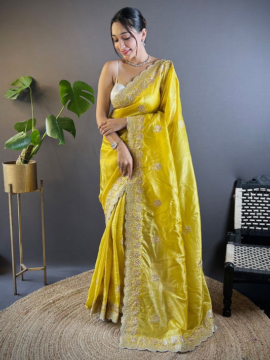 Women's Paper Silk Yellow Embellished Designer Saree With Blouse Piece