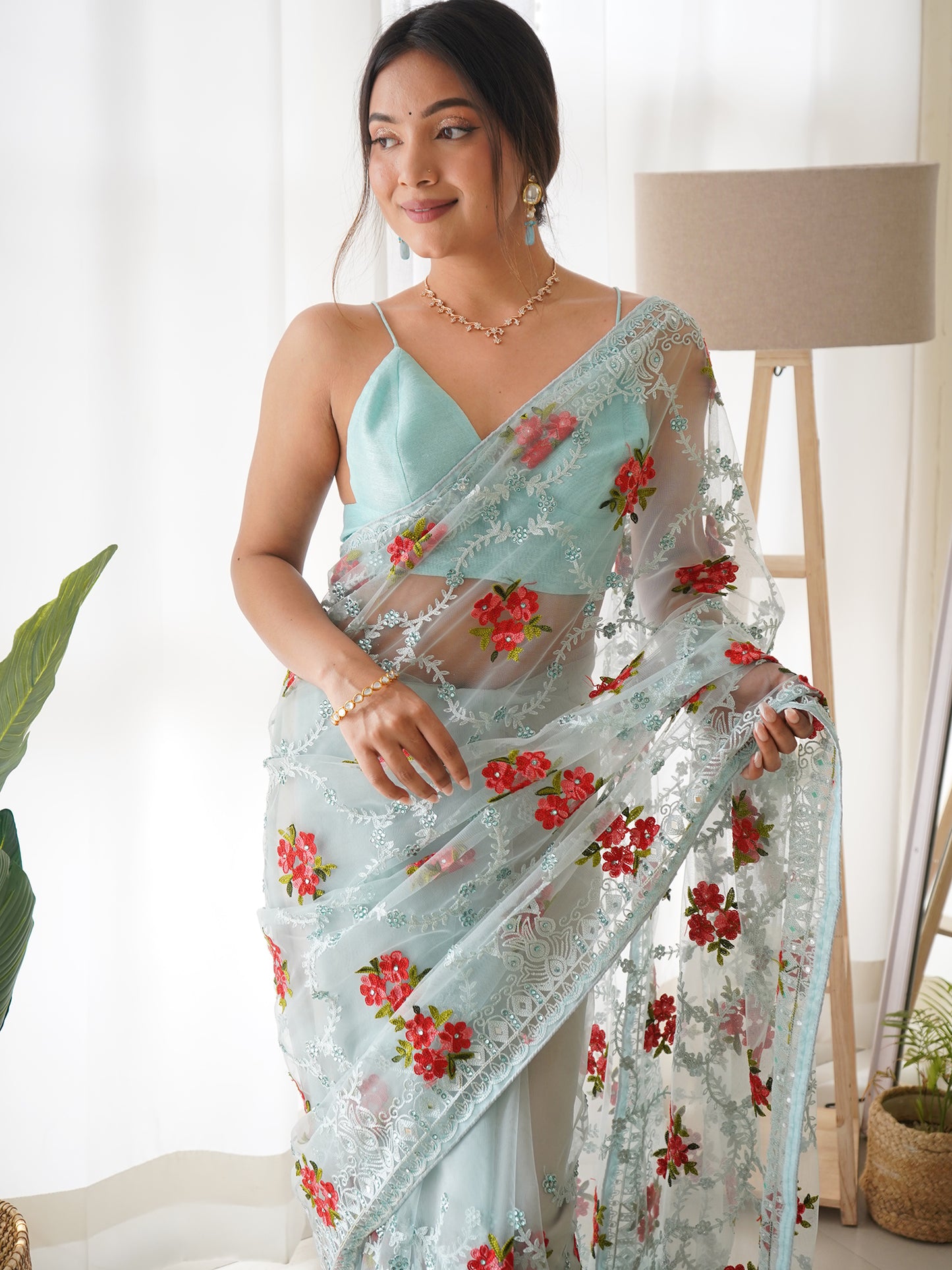 Women's Net Blue Embellished Designer Saree With Blouse Piece