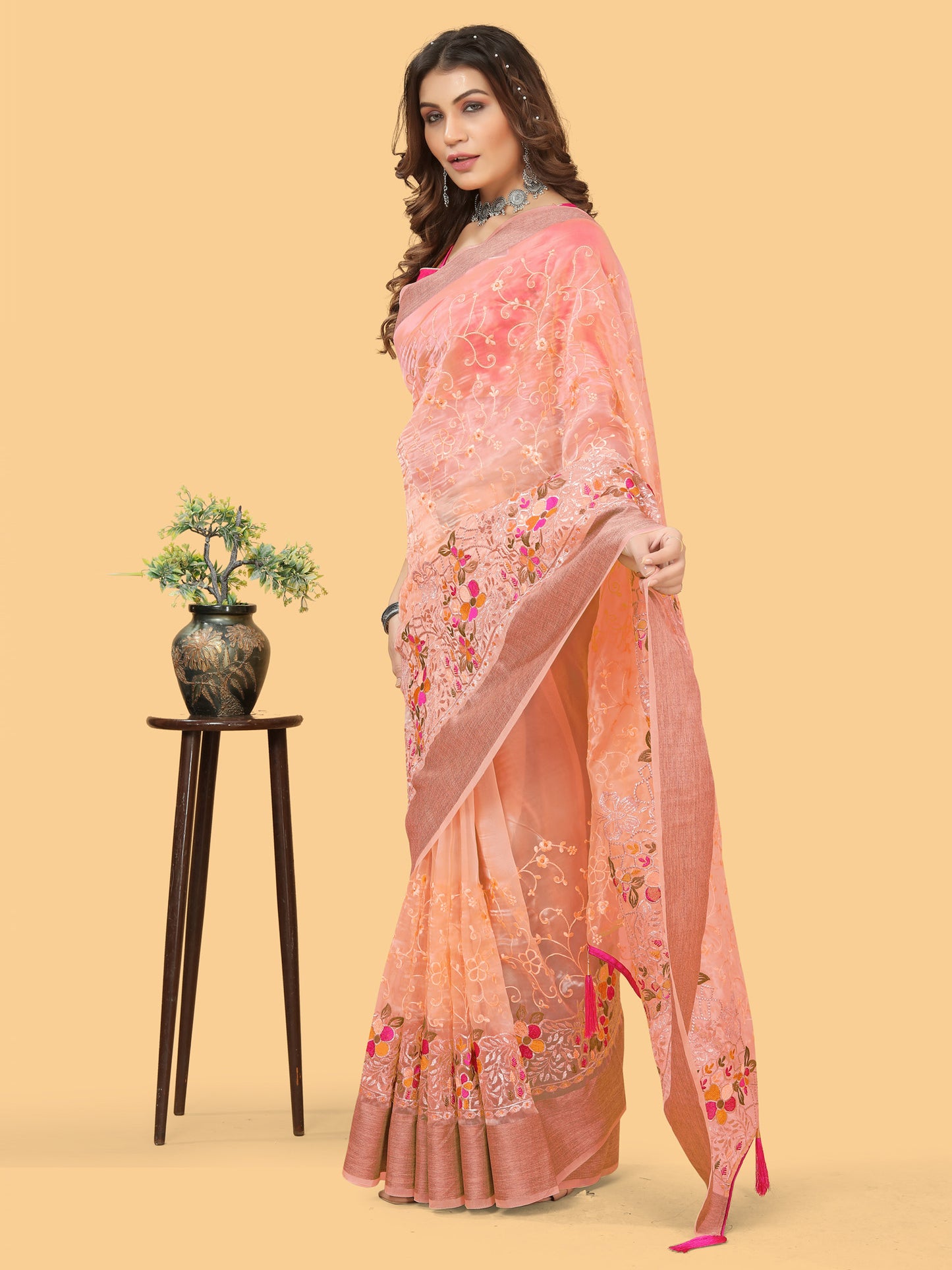 Women's Organza Peach Embroidered Designer Saree With Blouse Piece