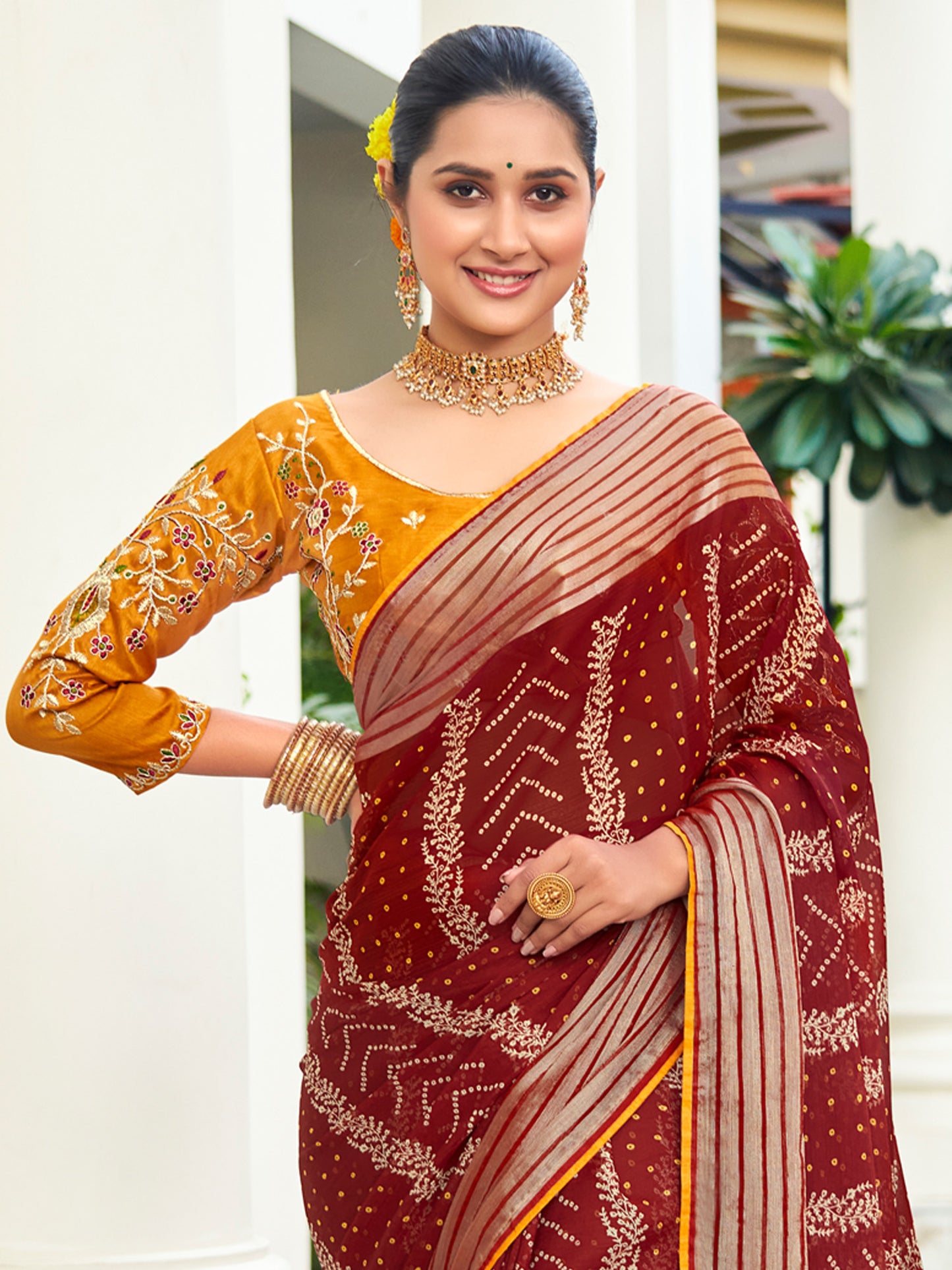 Women's Chiffon Maroon Embellished Designer Saree With Blouse Piece