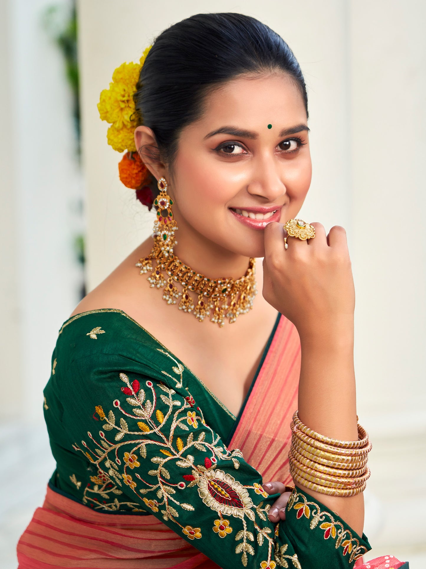 Women's Chiffon Red Embellished Designer Saree With Blouse Piece