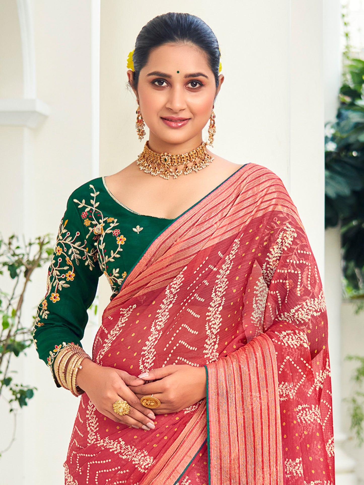Women's Chiffon Red Embellished Designer Saree With Blouse Piece