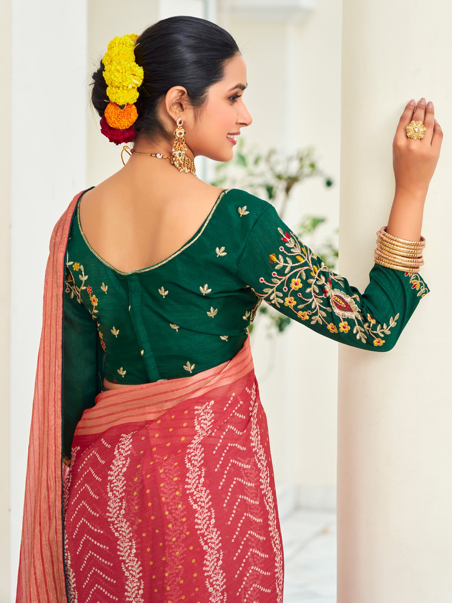Women's Chiffon Red Embellished Designer Saree With Blouse Piece
