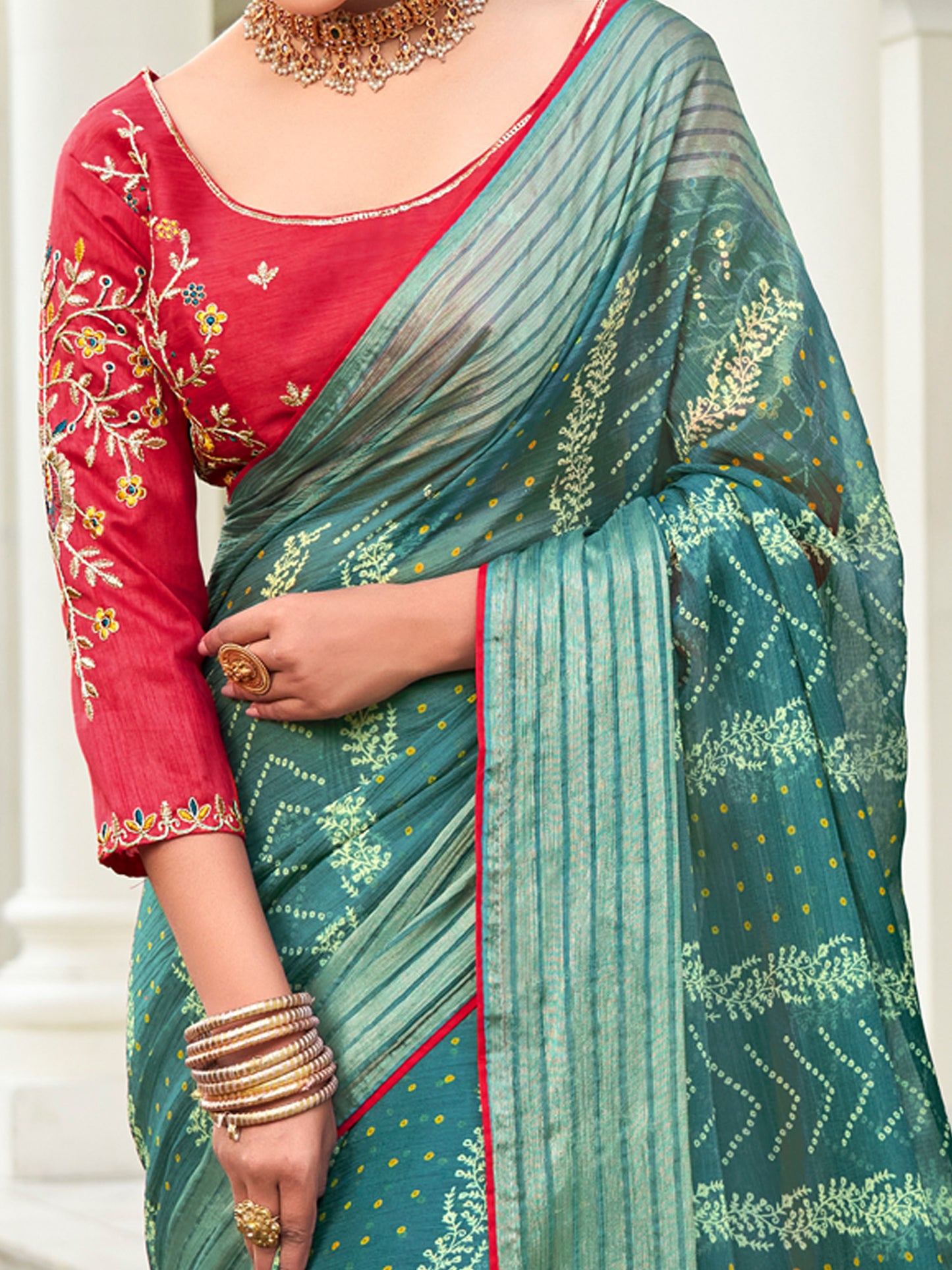 Women's Chiffon Blue Embellished Designer Saree With Blouse Piece