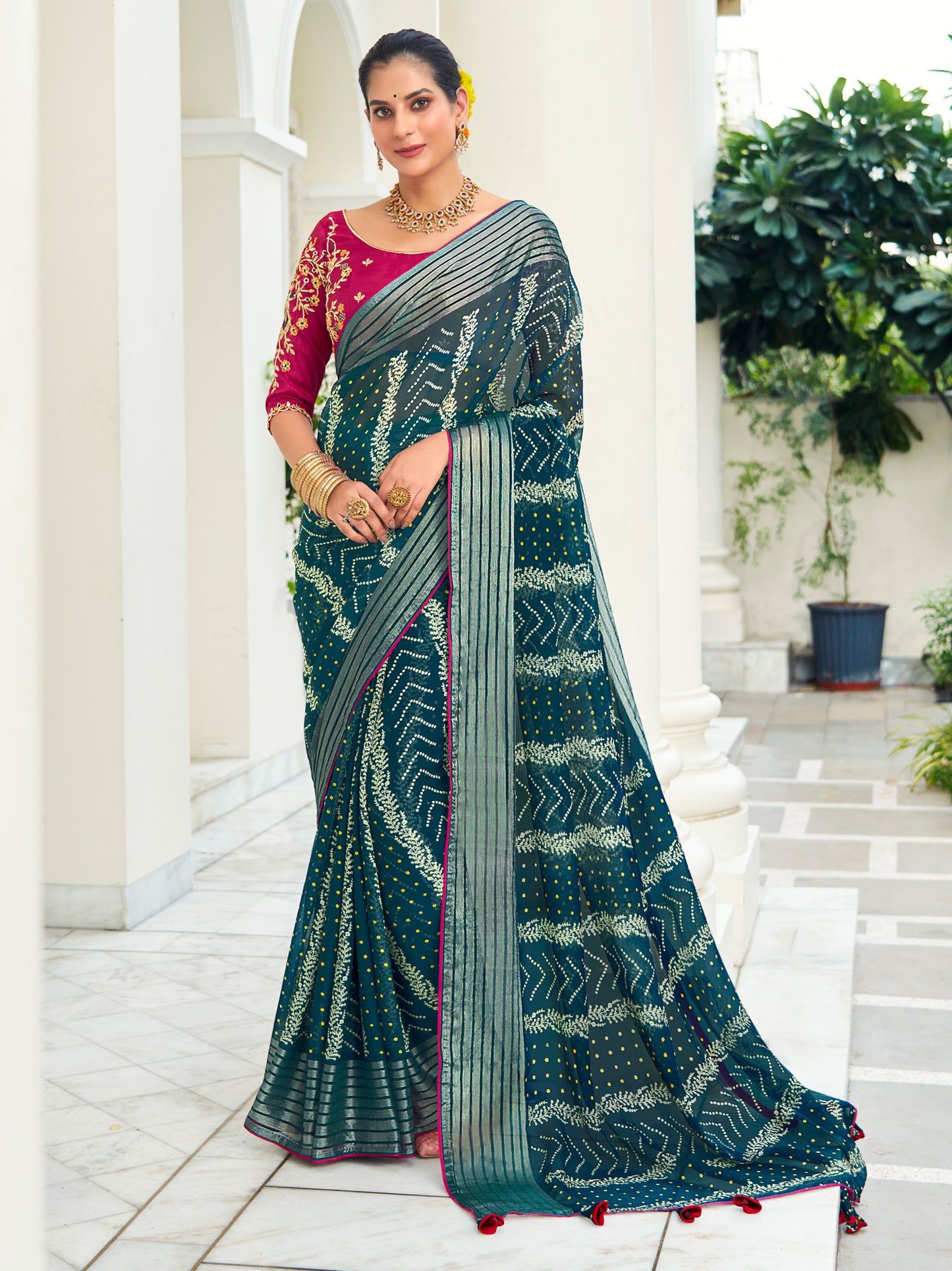 Women's Chiffon Teal blue Embellished Designer Saree With Blouse Piece