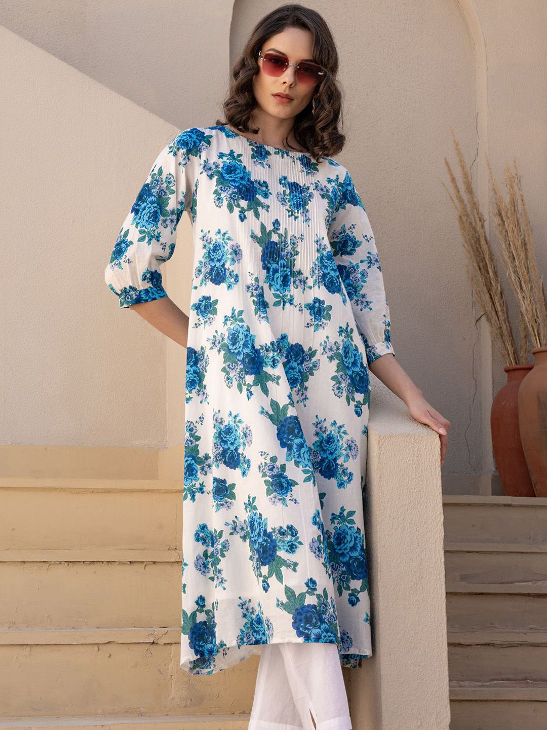 Dhiyona IE Floral Printed Pure Cotton Tunic With Trousers Co-Ords