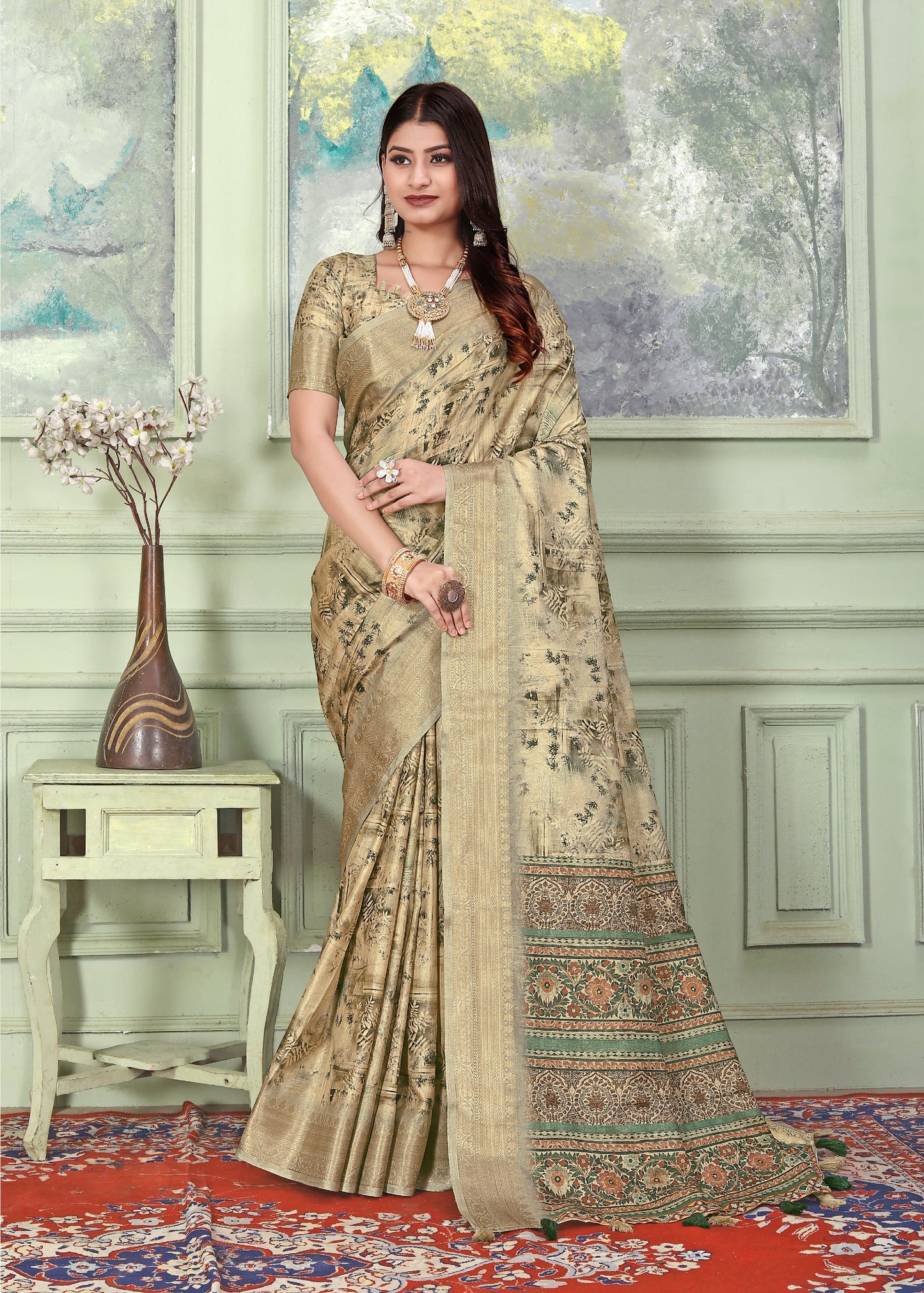 Dhiyona GR Women's Adina Ginger Beige Tussar Silk Digital Print Saree