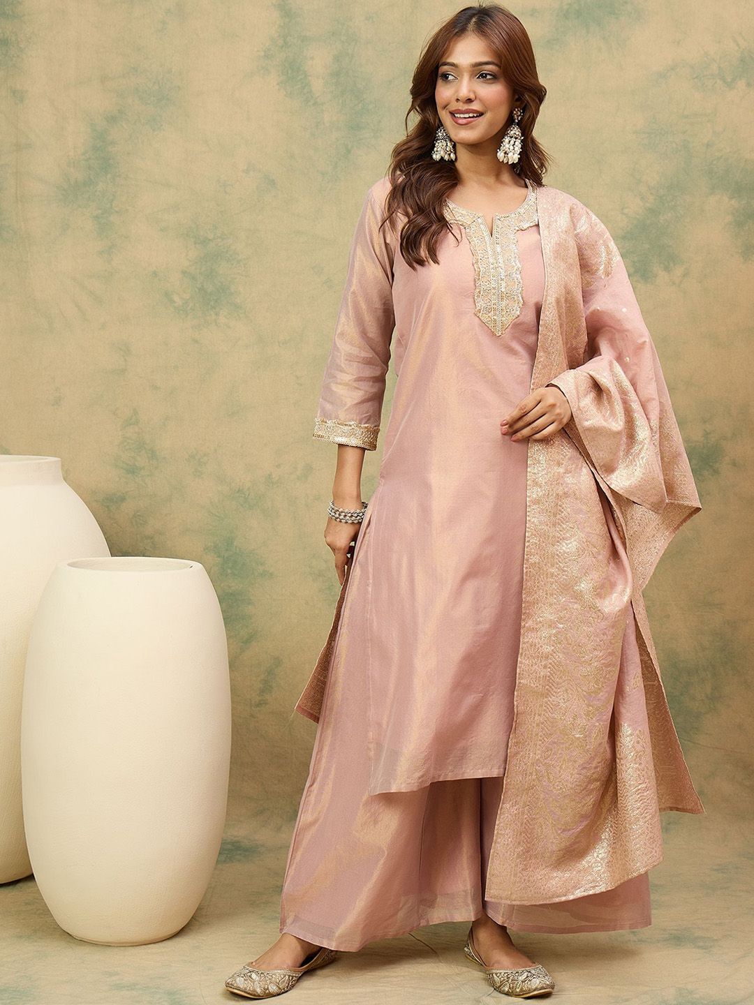 Dhiyona VA Women'sEthnic Motifs Yoke Design Notch Neck Straight Kurta With Palazzos & Dupatta