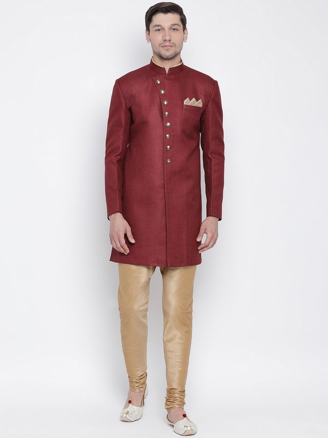 Men's Maroon Polyester Lurex Blend Straight Sherwani Set