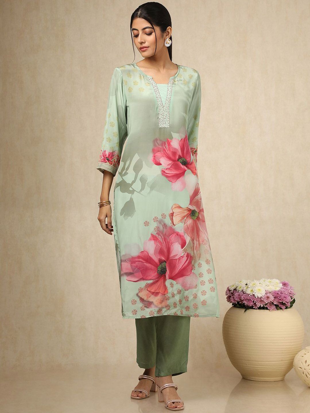 Dhiyona SO Women's Floral Printed Beads And Stones Mandarin Collar Straight Kurta With Trouser & Dupatta