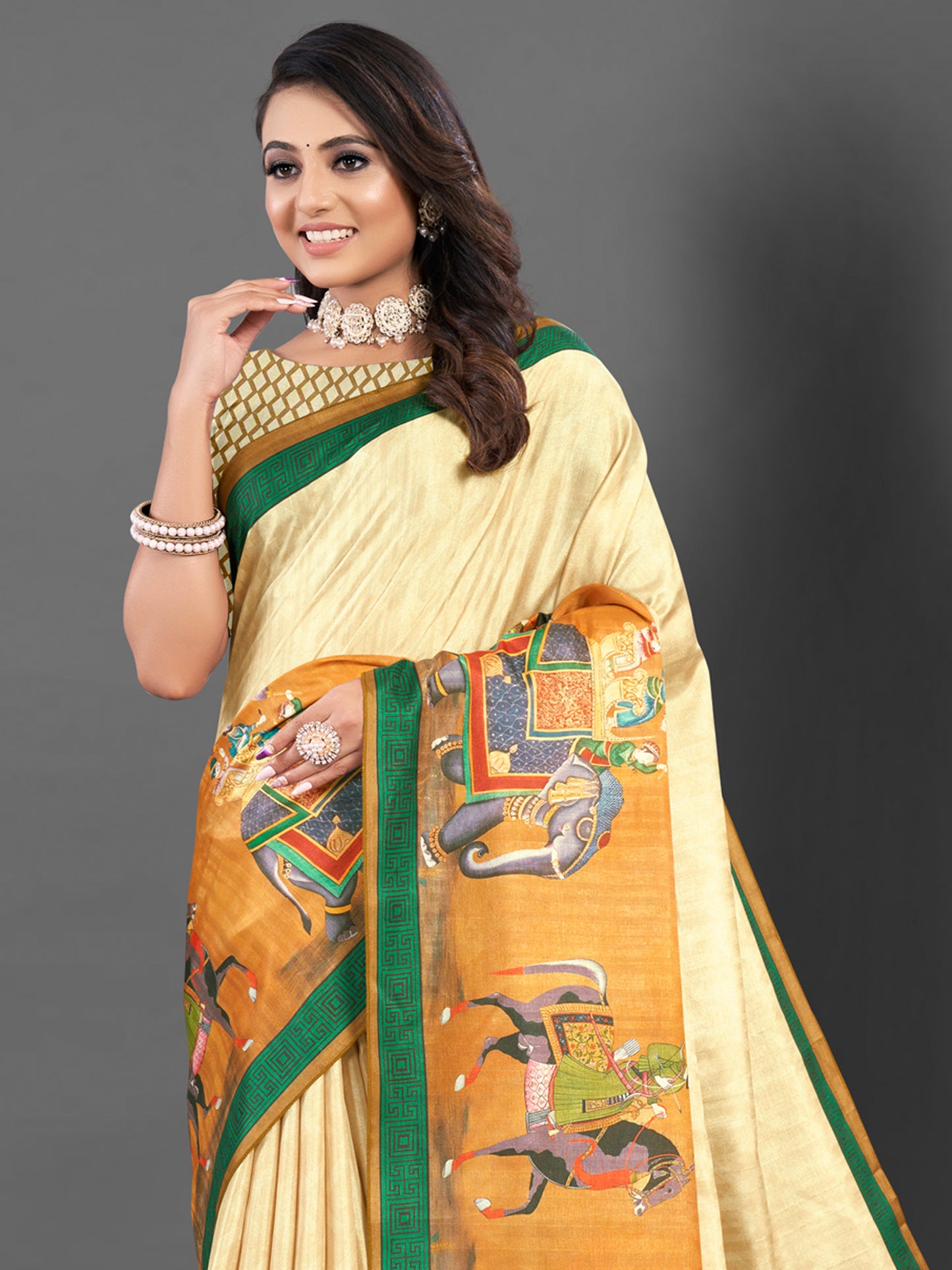 Women's Silk Blend Cream Printed Designer Saree With Blouse Piece