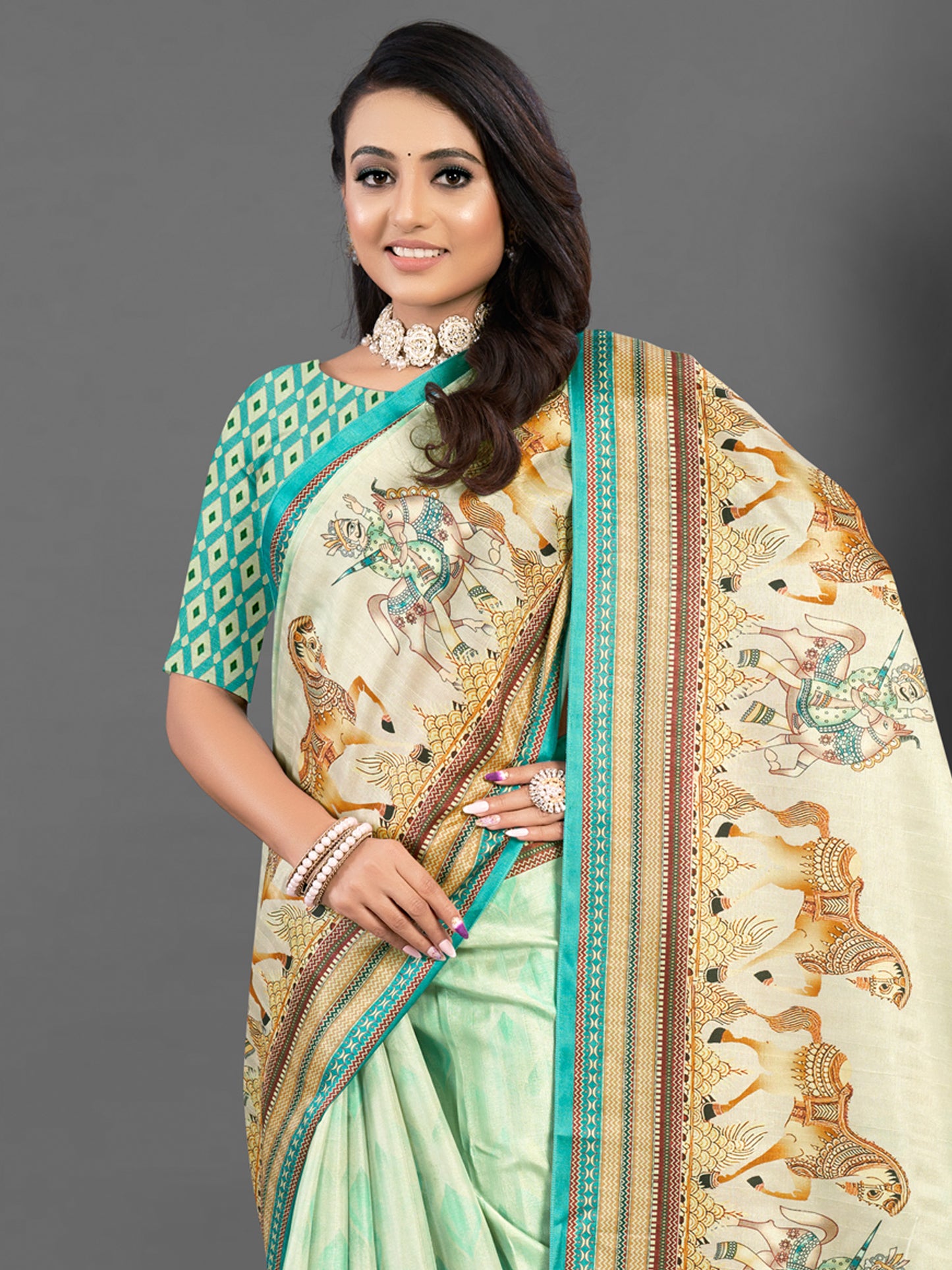Women's Silk Blend Beige Printed Designer Saree With Blouse Piece