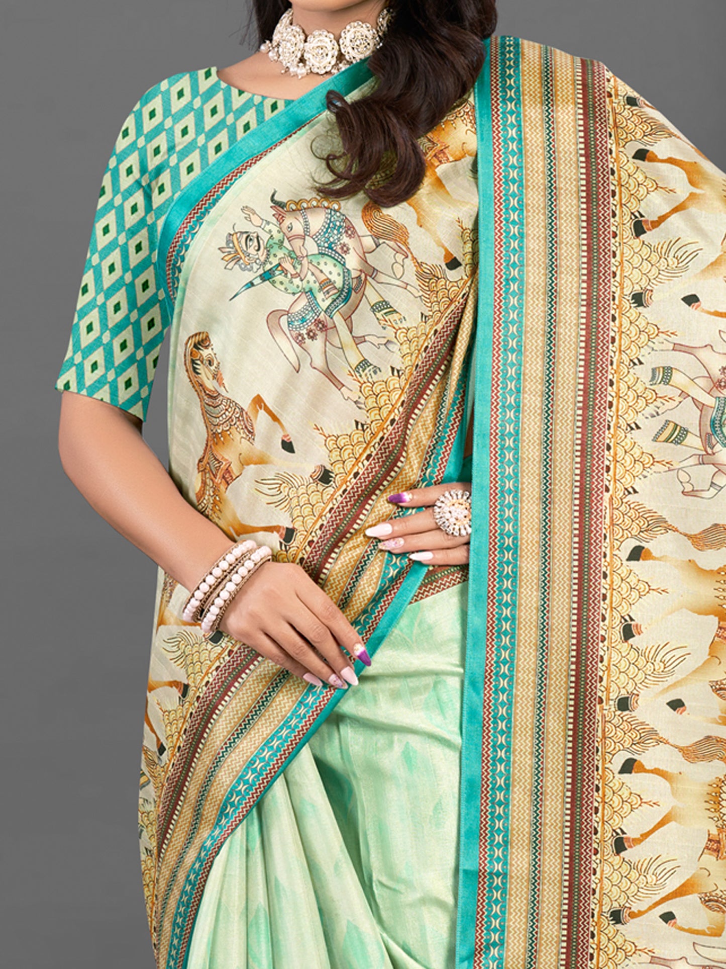 Women's Silk Blend Beige Printed Designer Saree With Blouse Piece