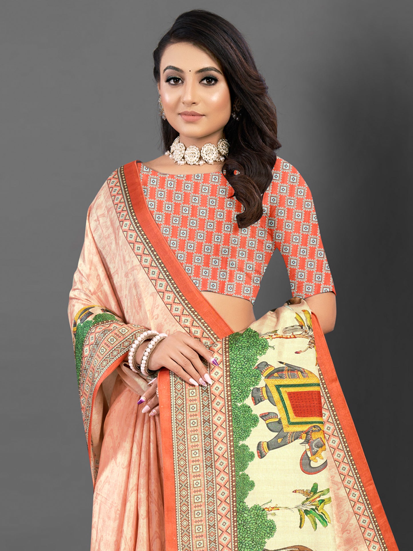 Women's Silk Blend Peach Printed Designer Saree With Blouse Piece