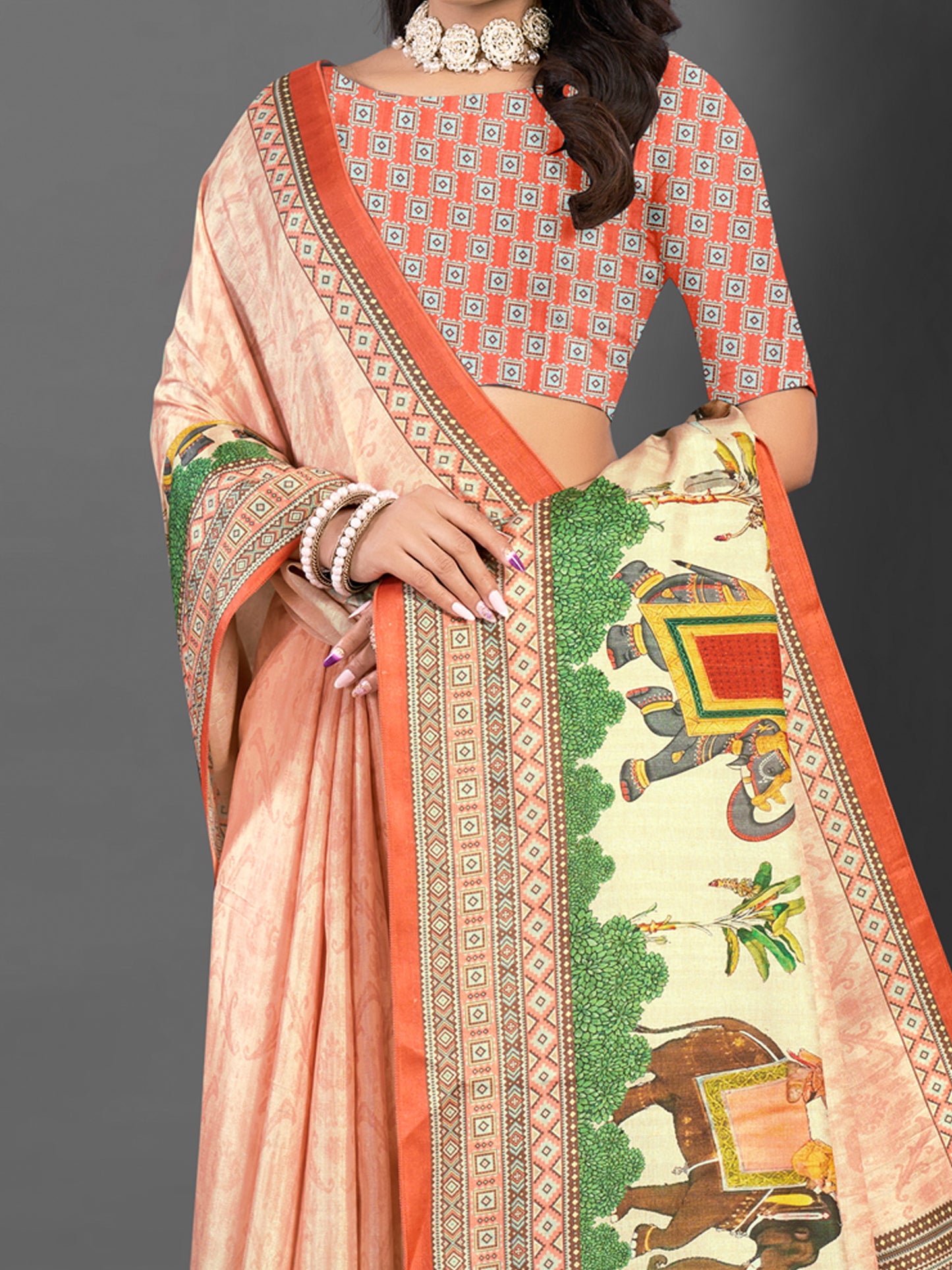 Women's Silk Blend Peach Printed Designer Saree With Blouse Piece