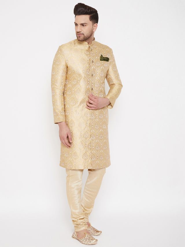 Men's Gold Silk Blend Straight Sherwani Set
