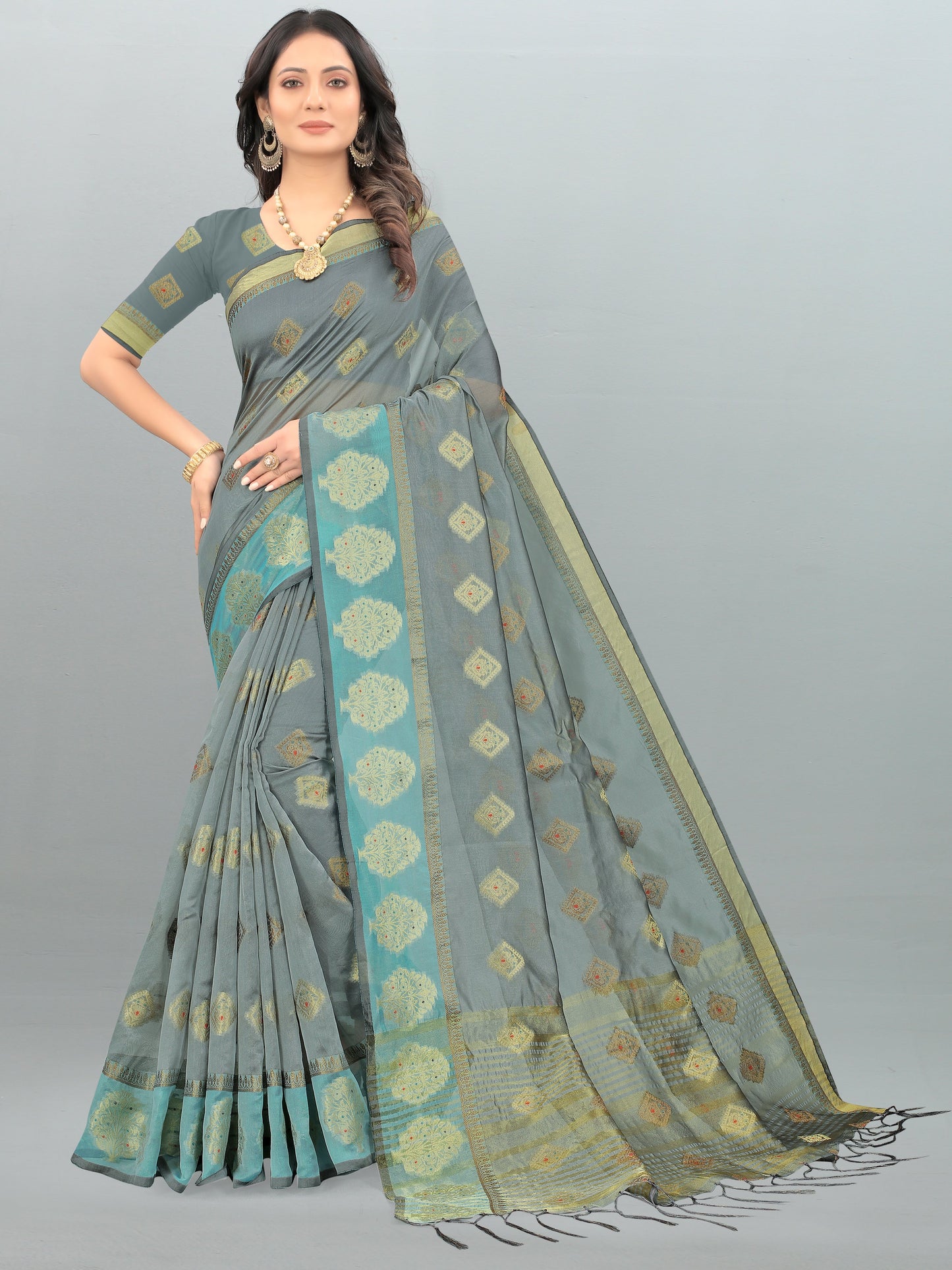 Dhiyona GR Women's Aksaya Stone Grey Organza Saree