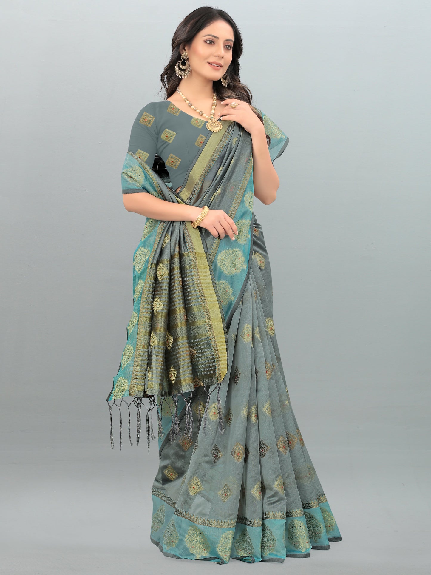 Dhiyona GR Women's Aksaya Stone Grey Organza Saree