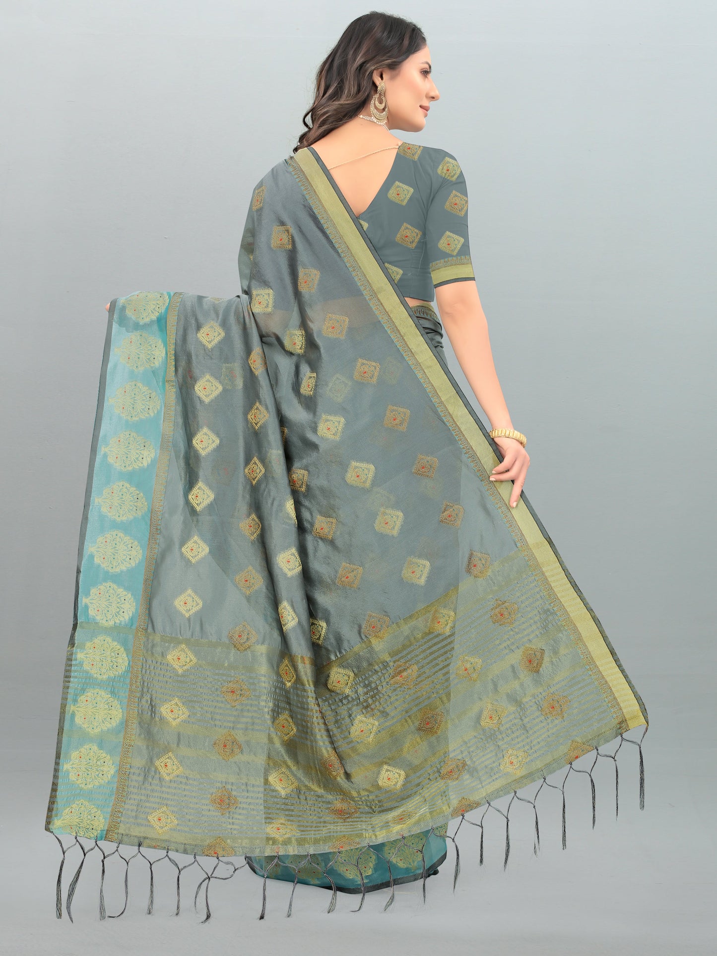 Dhiyona GR Women's Aksaya Stone Grey Organza Saree