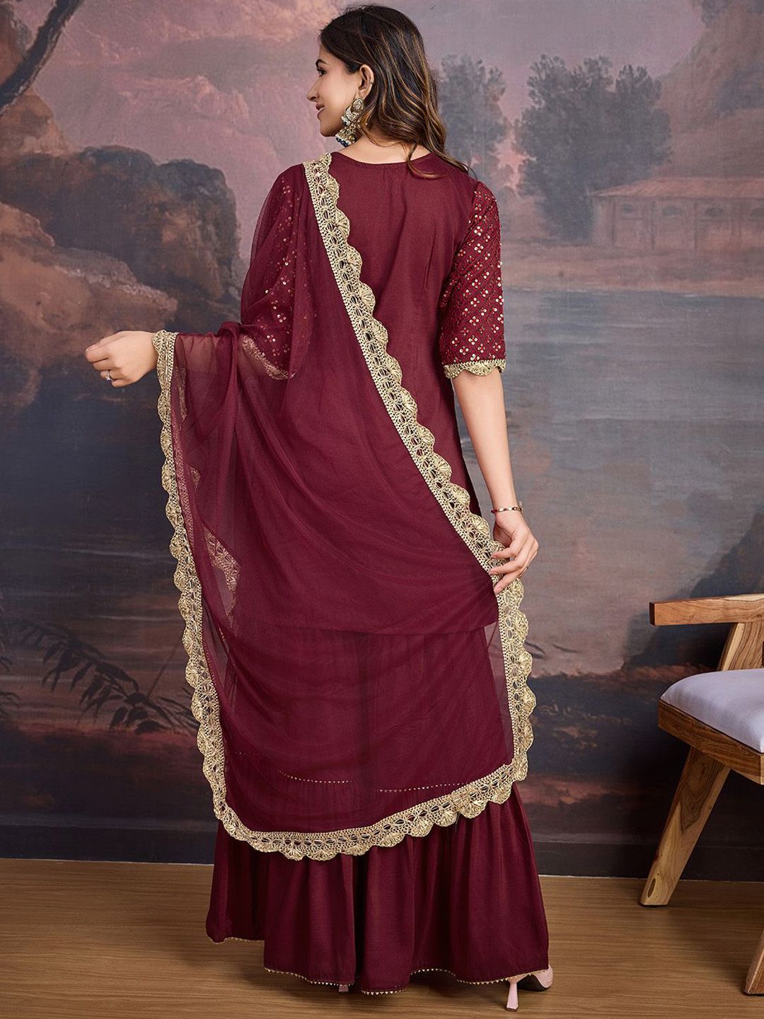 Dhiyona PD Women Embroidered Keyhole Neck Kurta With Sharara & Dupatta
