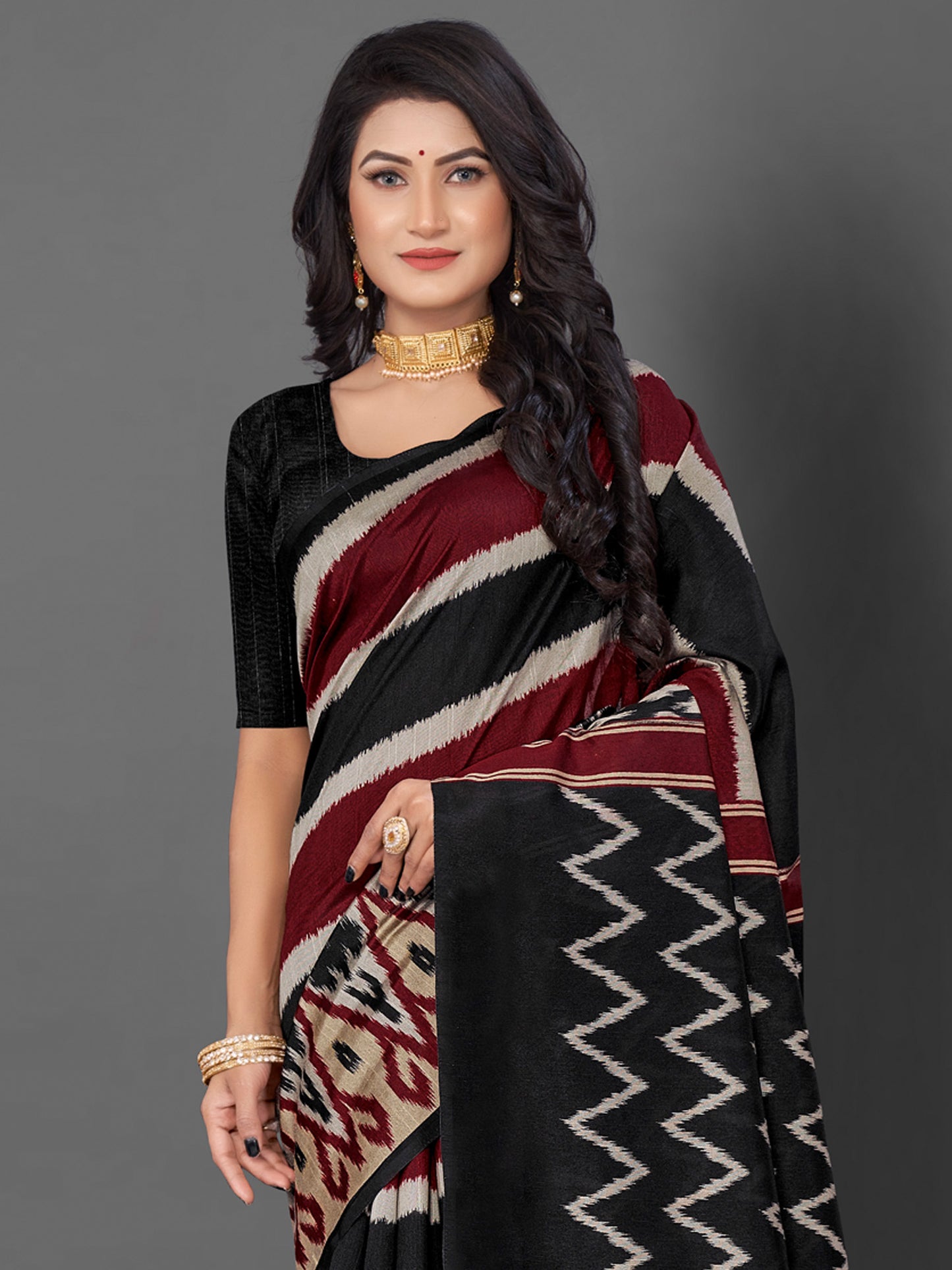 Women's Bhagalpuri Silk Black Printed Designer Saree With Blouse Piece