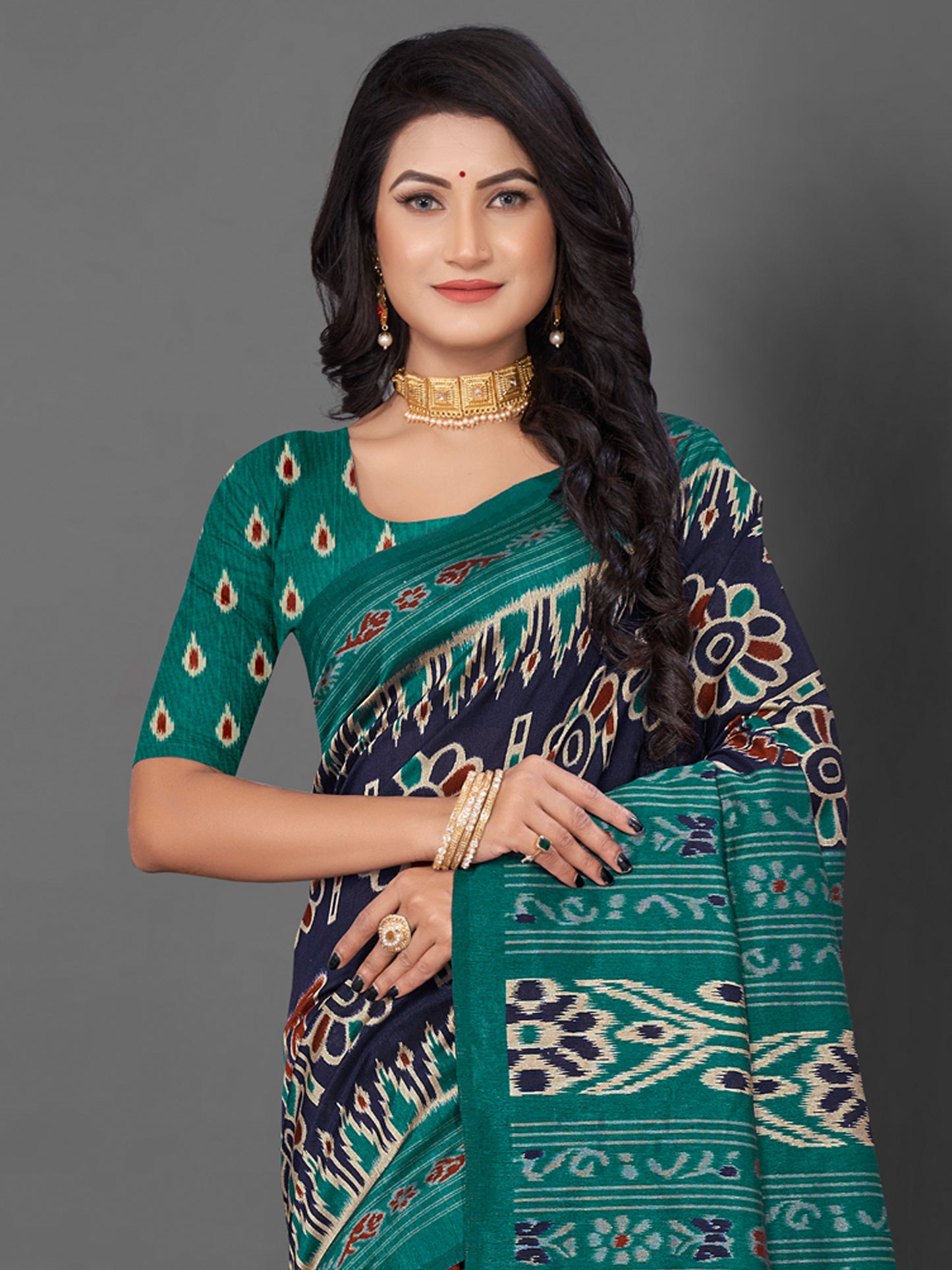 Women's Bhagalpuri Silk Navy Blue Printed Designer Saree With Blouse Piece