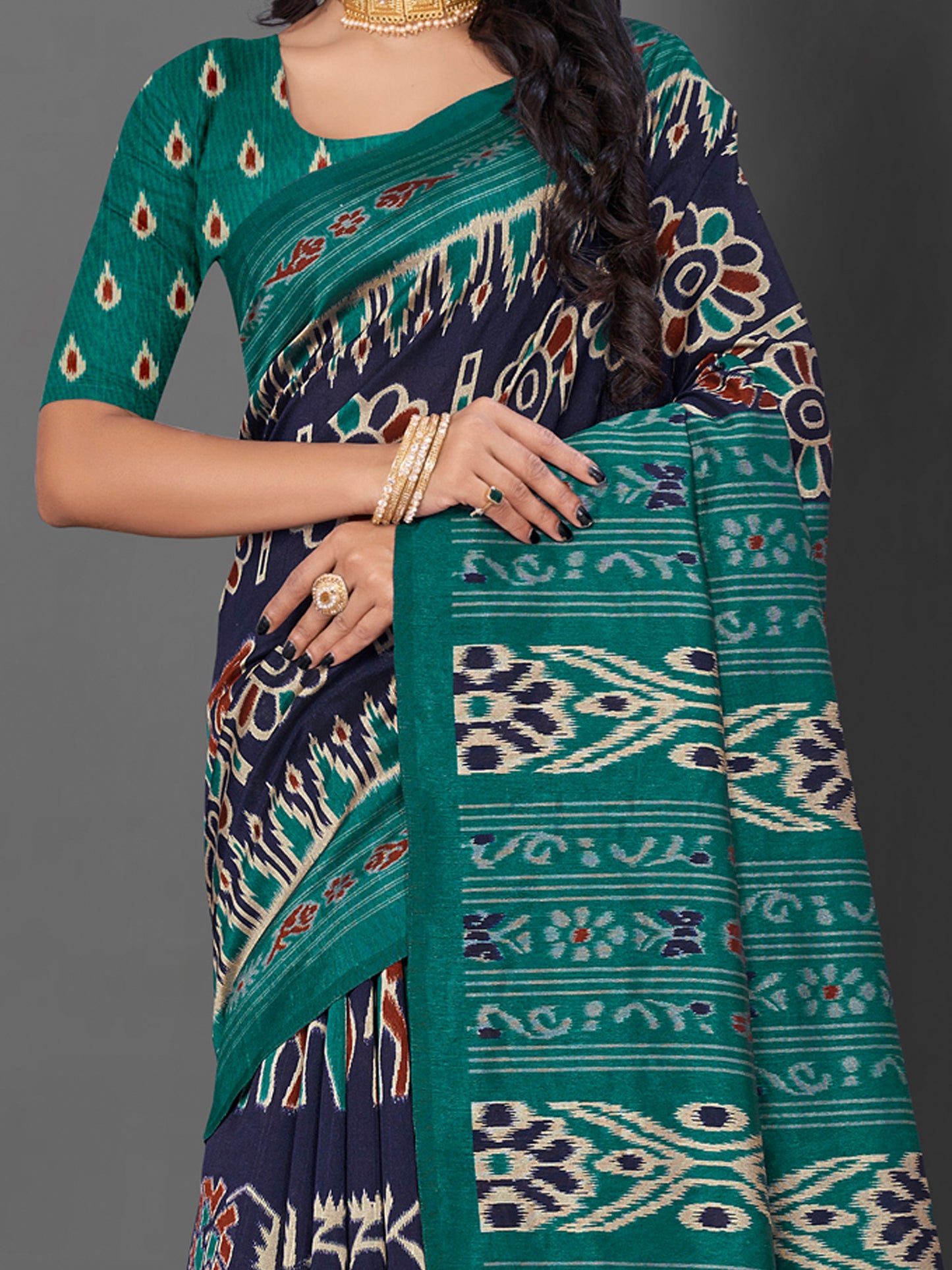 Women's Bhagalpuri Silk Navy Blue Printed Designer Saree With Blouse Piece
