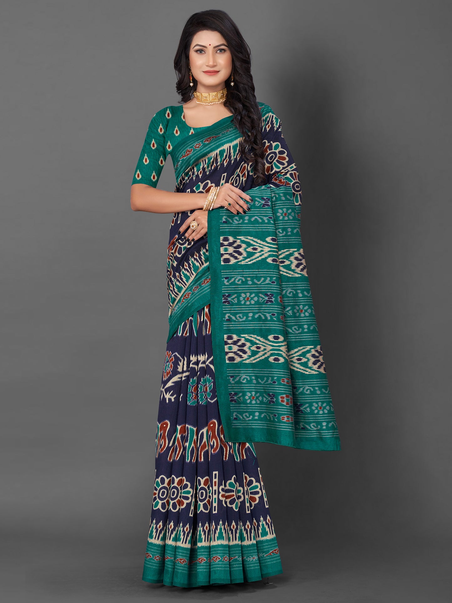 Women's Bhagalpuri Silk Navy Blue Printed Designer Saree With Blouse Piece