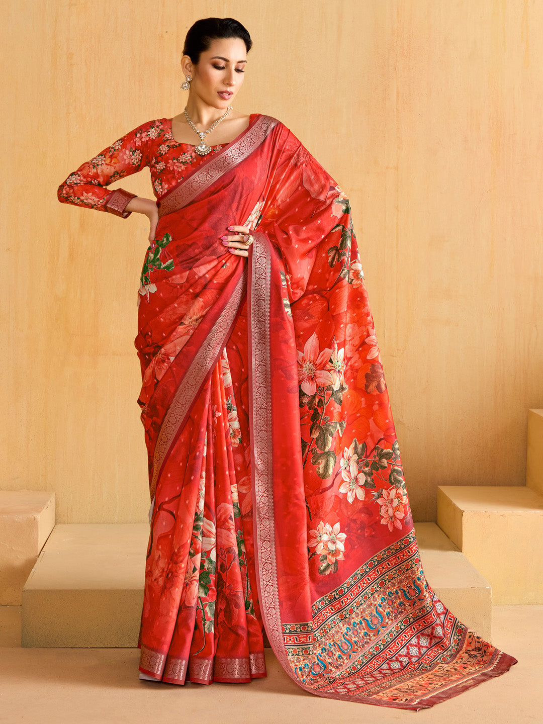 Women's Tussar Silk Red Woven Design Designer Saree With Blouse Piece