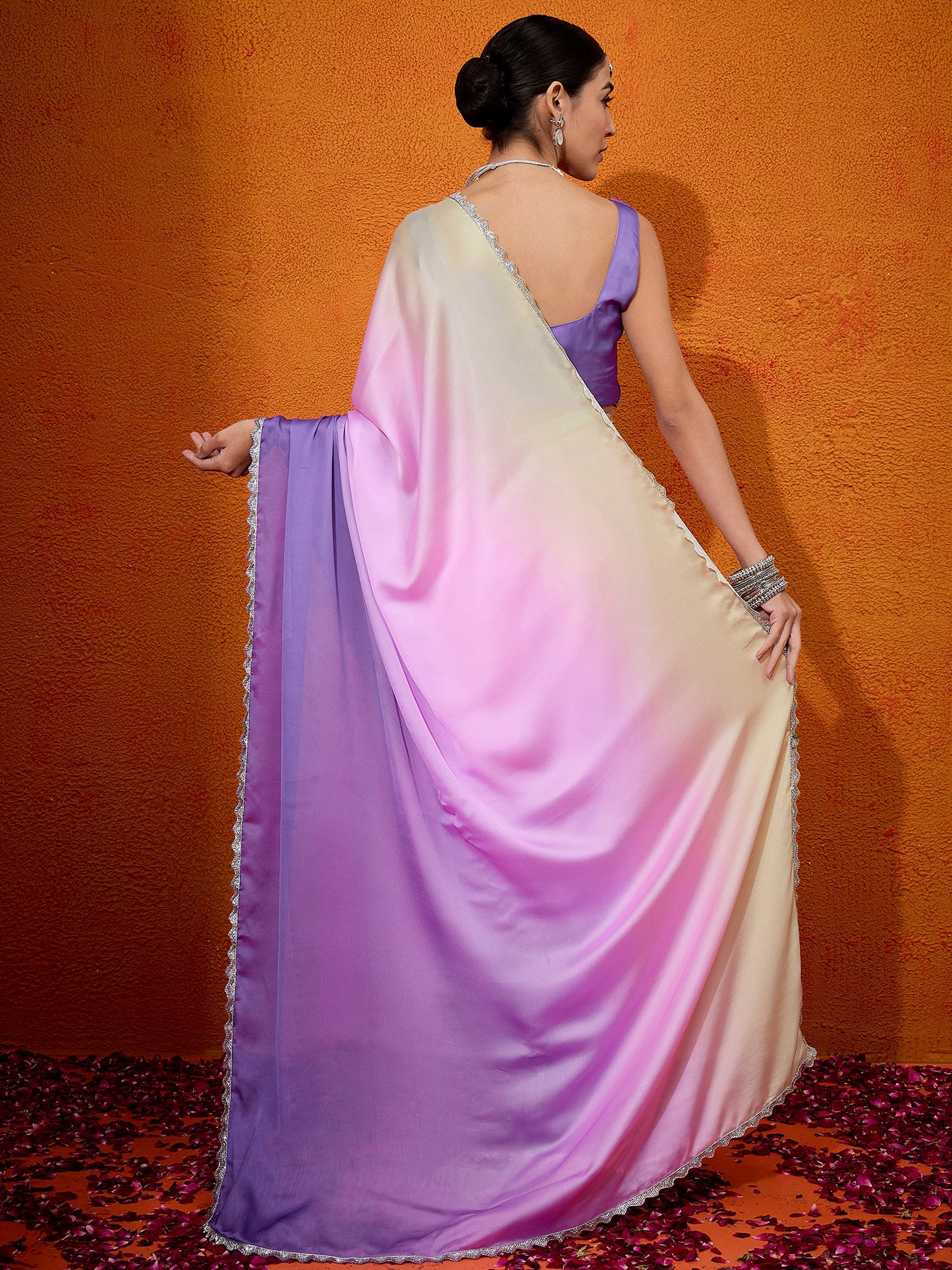 Women's Satin Silk Pink Embellished Designer Saree With Blouse Piece