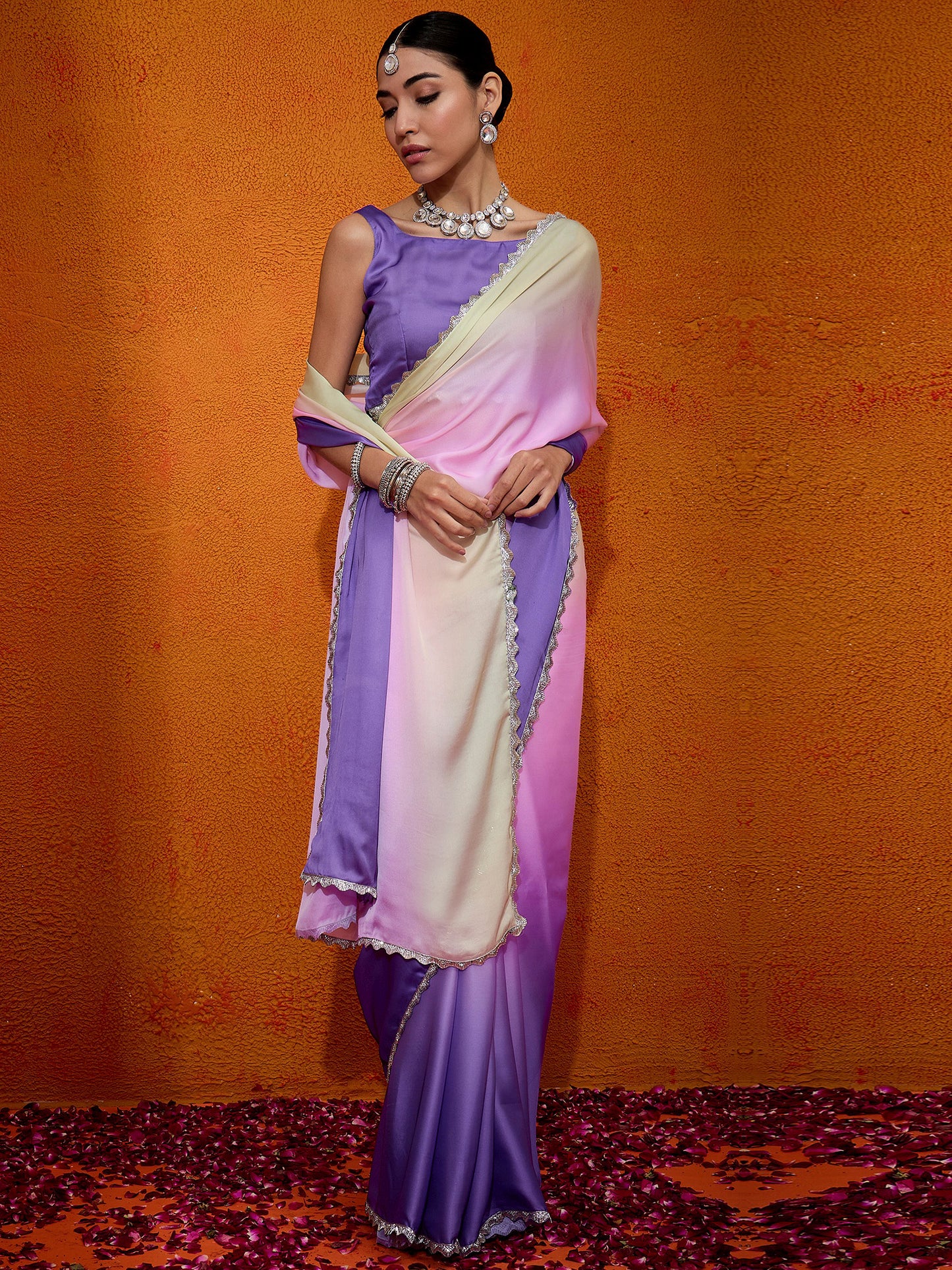 Women's Satin Silk Pink Embellished Designer Saree With Blouse Piece