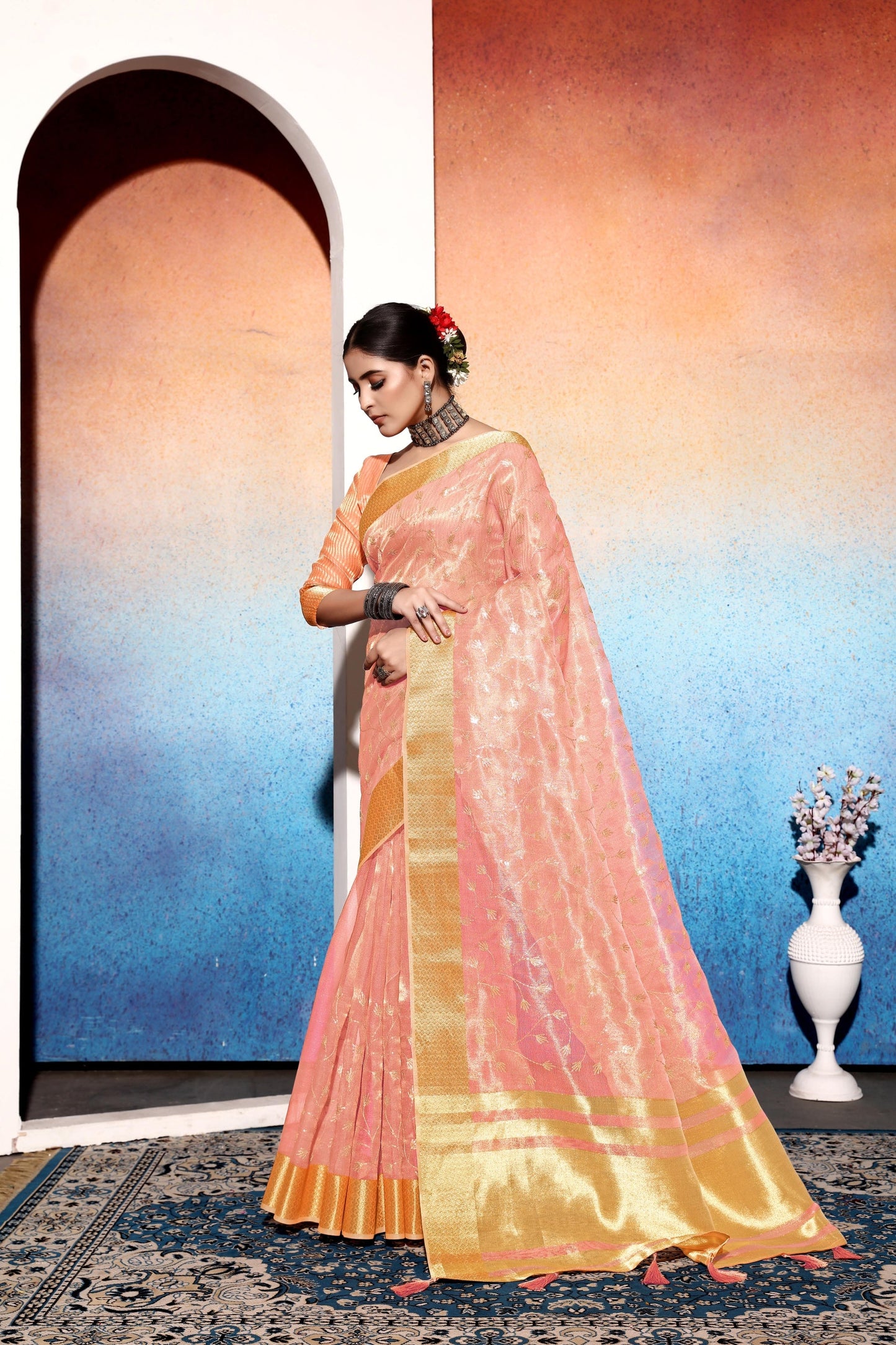 Dhiyona GR Women's Amani Peach Tissue Cotton Silk Embroidered Saree