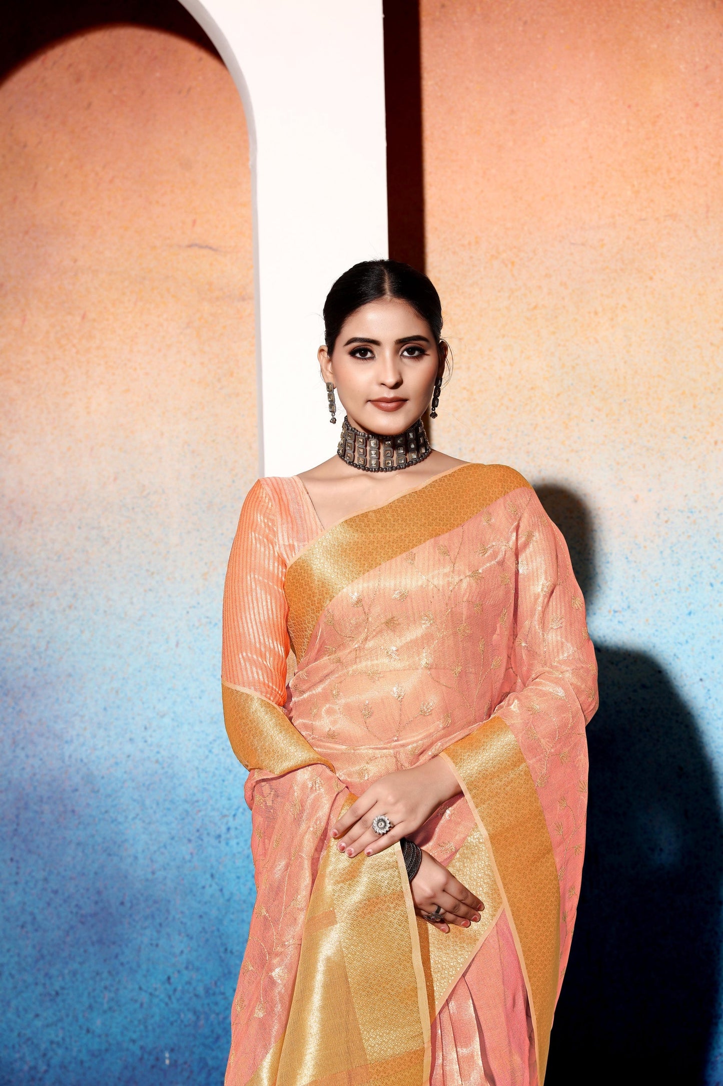 Dhiyona GR Women's Amani Peach Tissue Cotton Silk Embroidered Saree