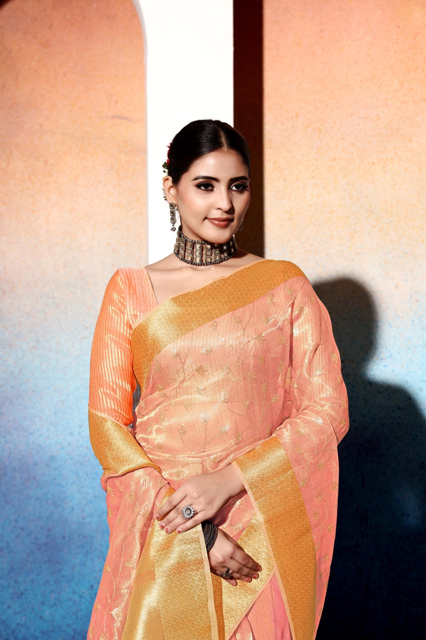 Dhiyona GR Women's Amani Peach Tissue Cotton Silk Embroidered Saree