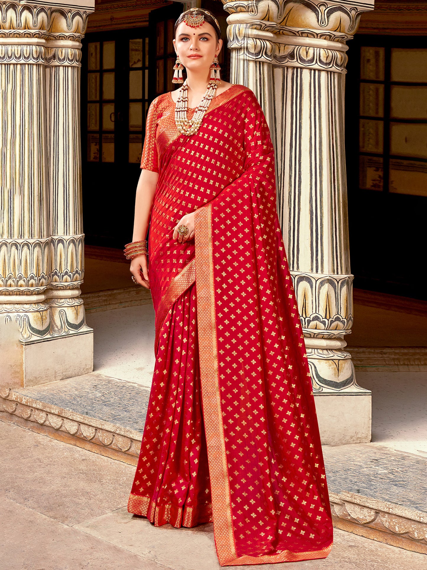 Women's Vichitra Silk Red Embellished Designer Saree With Blouse Piece
