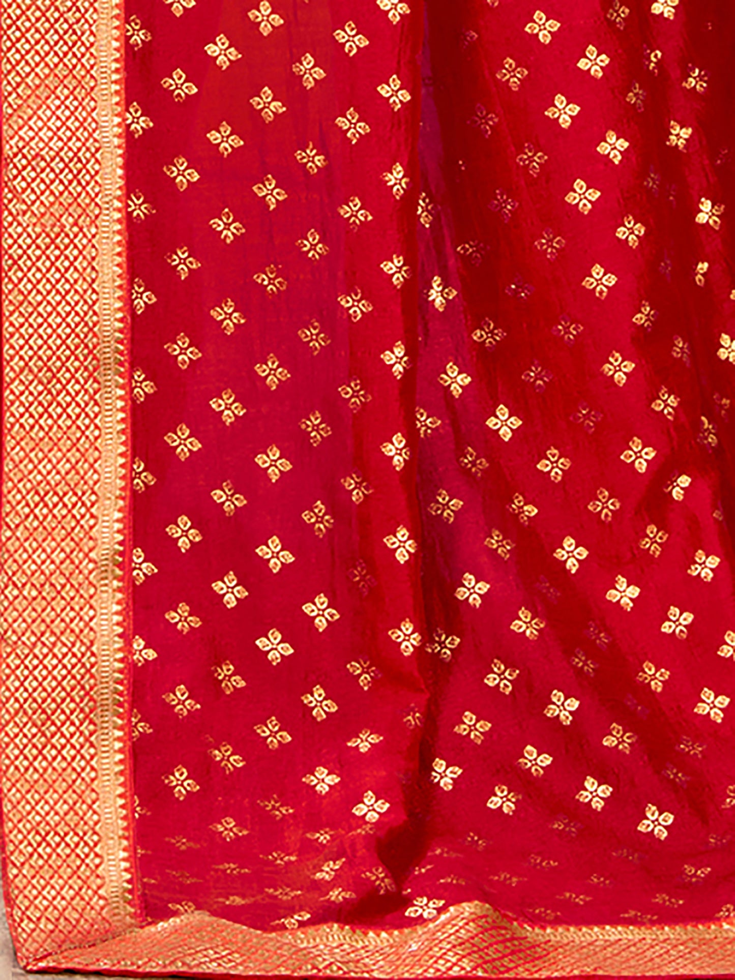 Women's Vichitra Silk Red Embellished Designer Saree With Blouse Piece