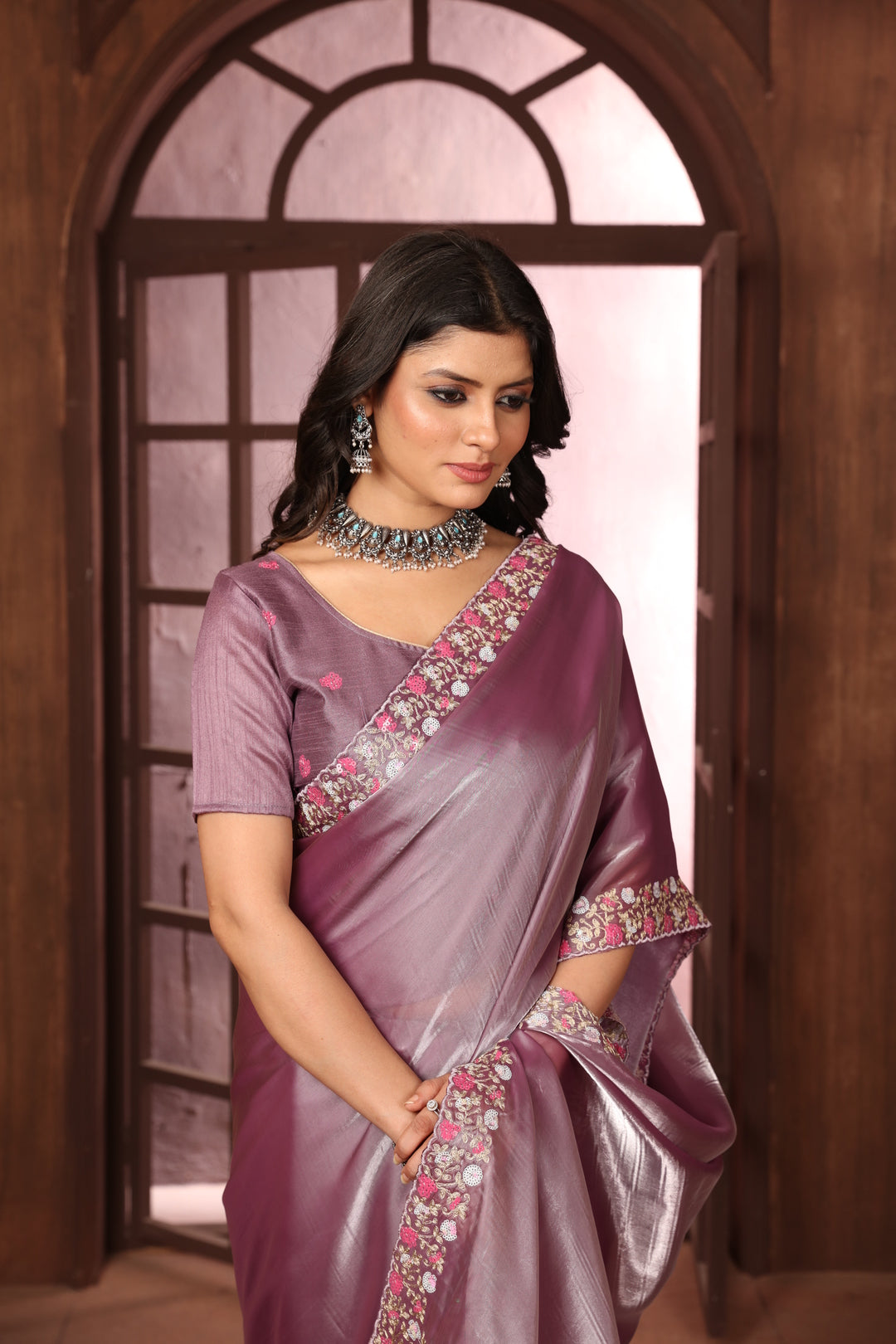 Dhiyona GR Women's Sundri Lavender Jimmi Choo Embroidered Saree