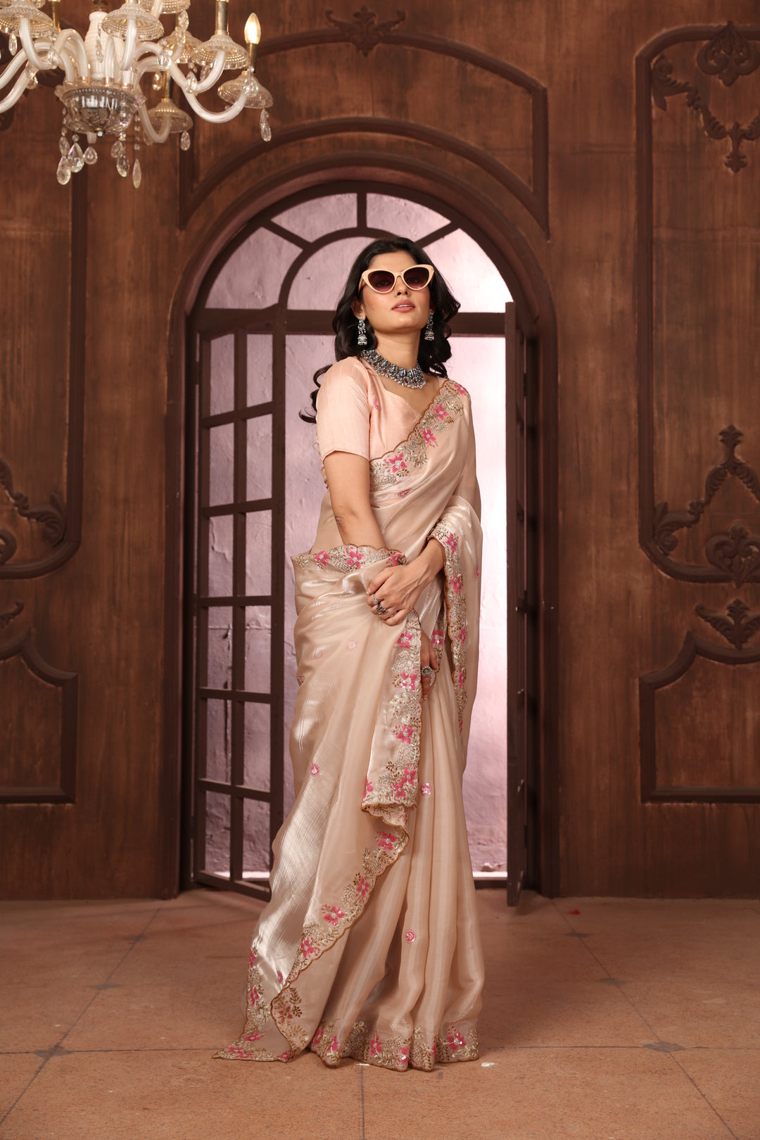 Dhiyona GR Women's Sundri Beige Jimmi Choo Embroidered Saree