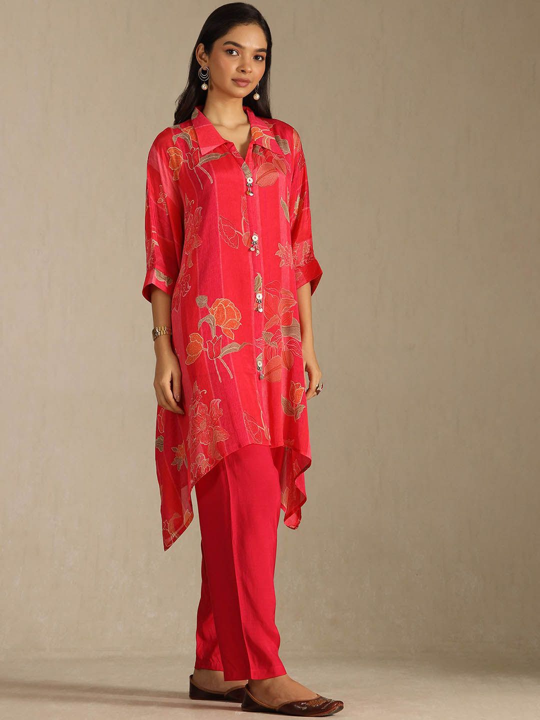 Dhiyona SO Women's Women Floral Printed Beads and Stones Kaftan Kurta with Trousers