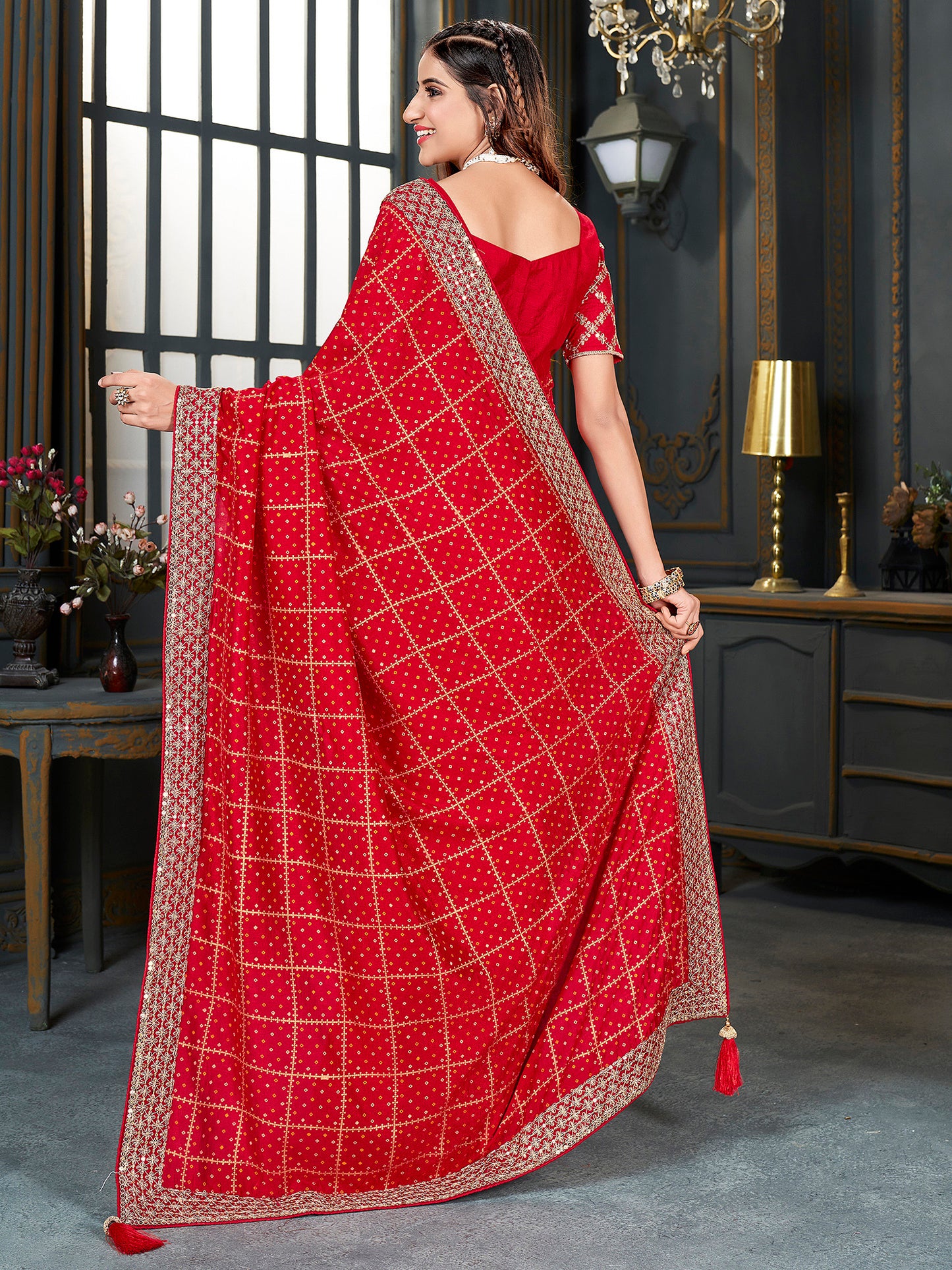 Women's Vichitra Silk Red Embellished Designer Saree With Blouse Piece