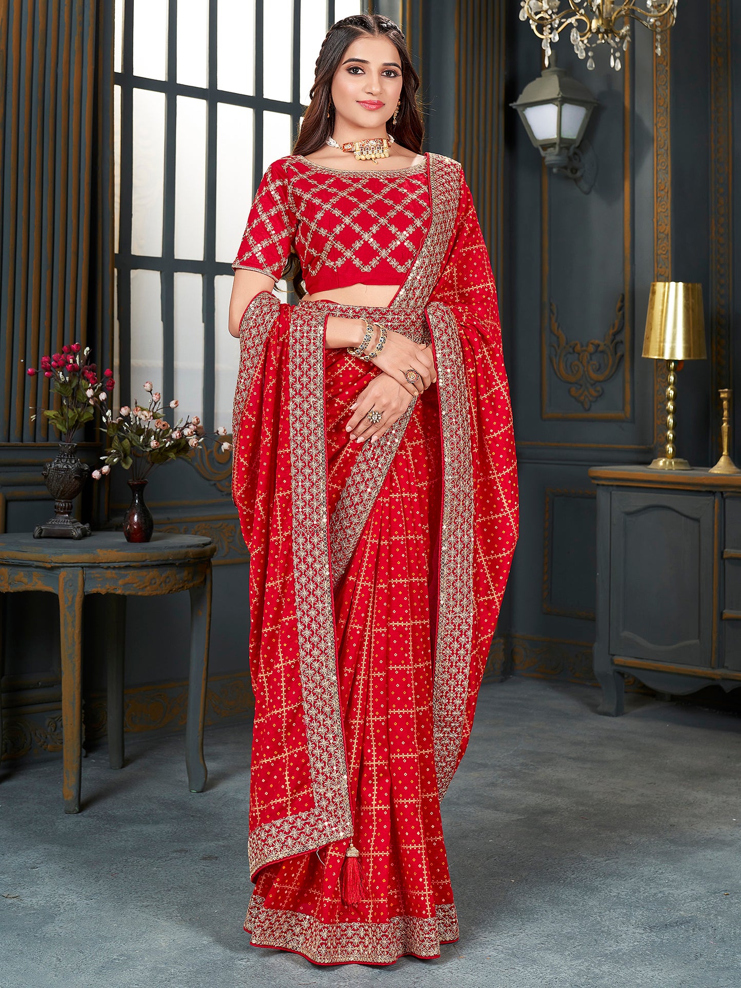 Women's Vichitra Silk Red Embellished Designer Saree With Blouse Piece