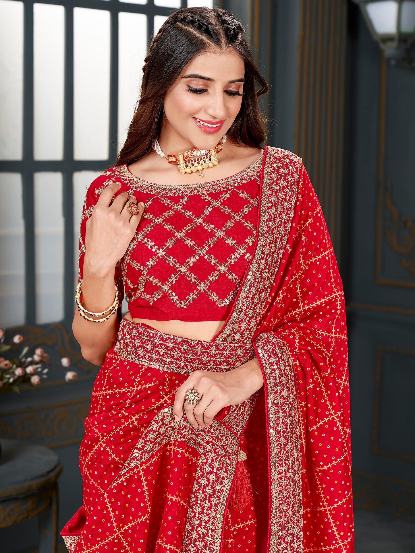 Women's Vichitra Silk Red Embellished Designer Saree With Blouse Piece