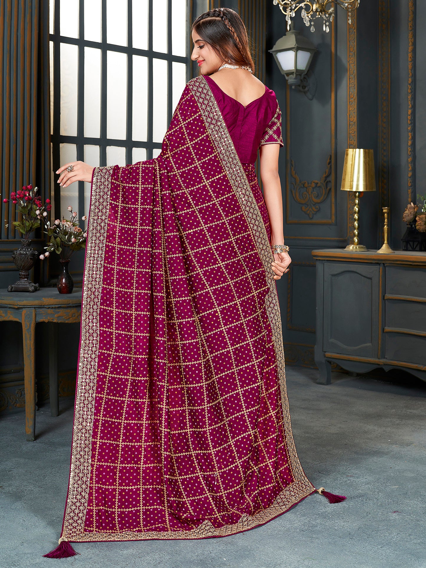 Women's Vichitra Silk Magenta Embellished Designer Saree With Blouse Piece