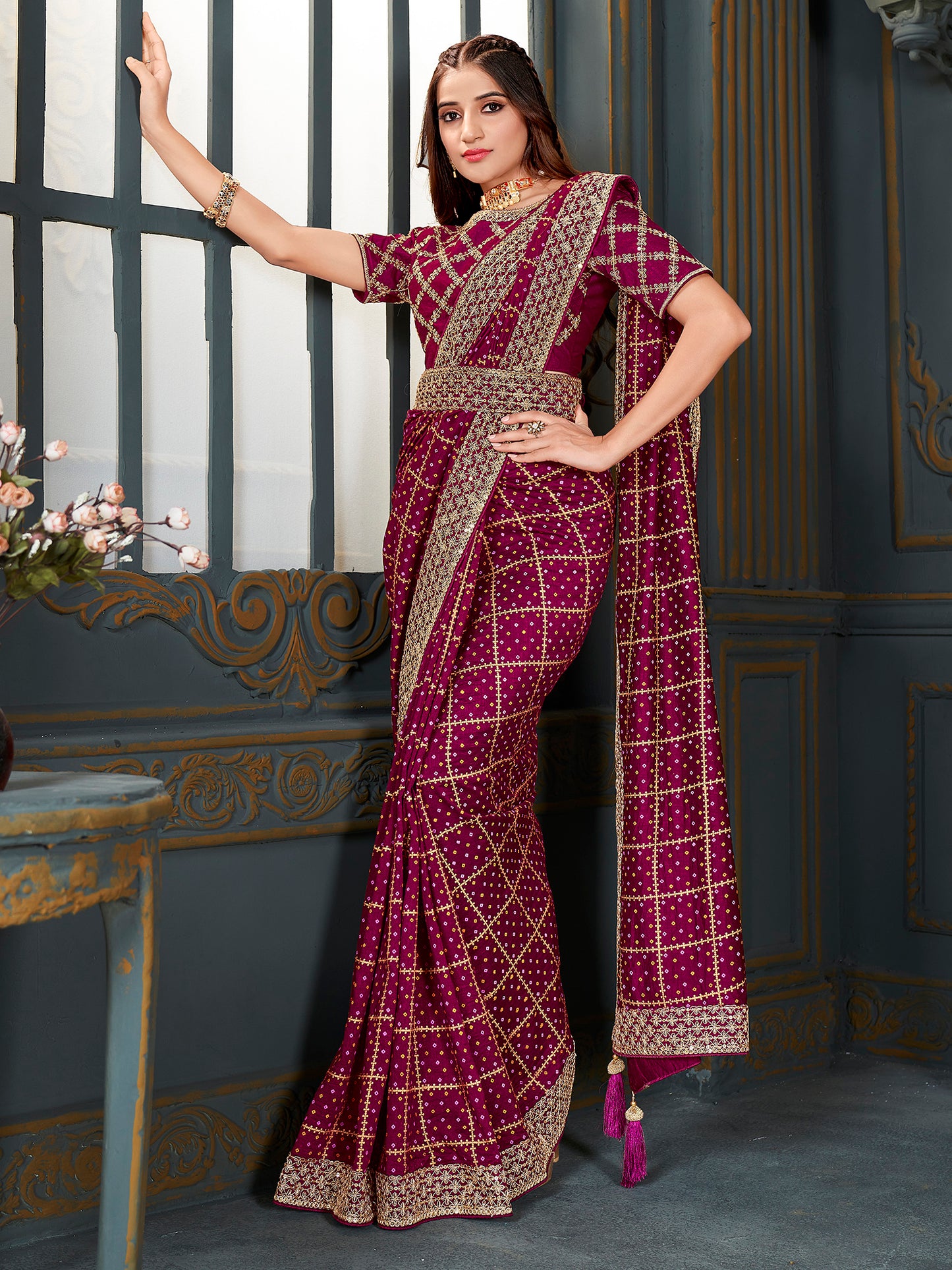 Women's Vichitra Silk Magenta Embellished Designer Saree With Blouse Piece