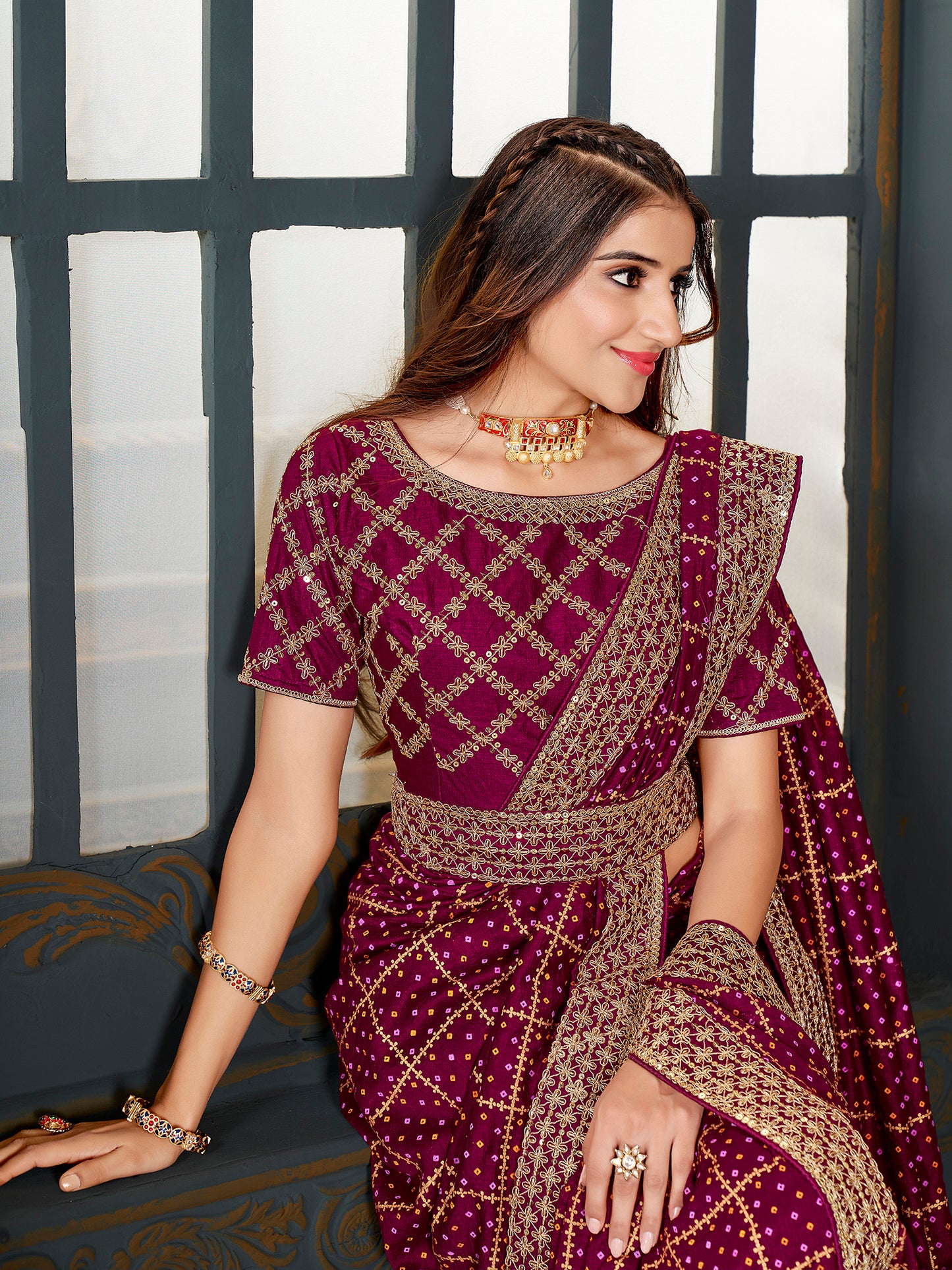Women's Vichitra Silk Magenta Embellished Designer Saree With Blouse Piece