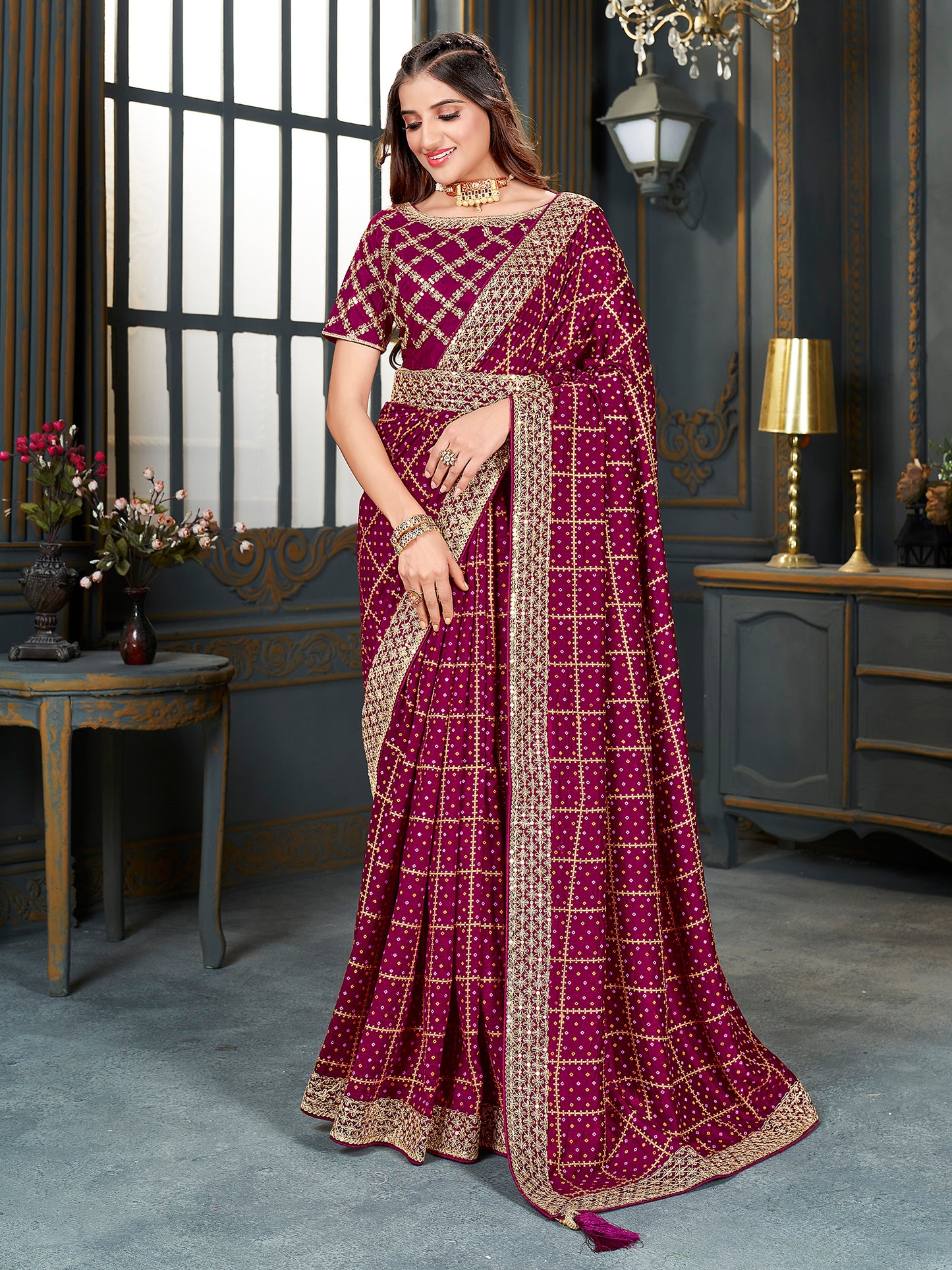 Women's Vichitra Silk Magenta Embellished Designer Saree With Blouse Piece