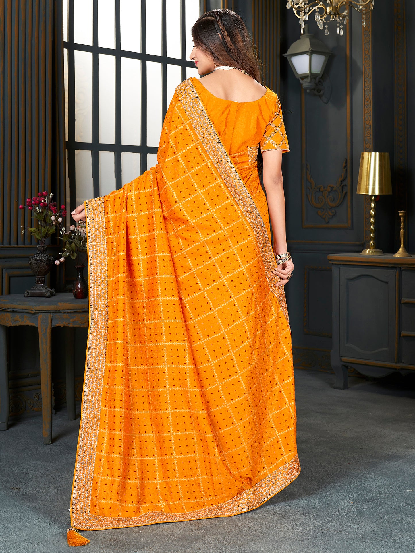 Women's Vichitra Silk Yellow Embellished Designer Saree With Blouse Piece